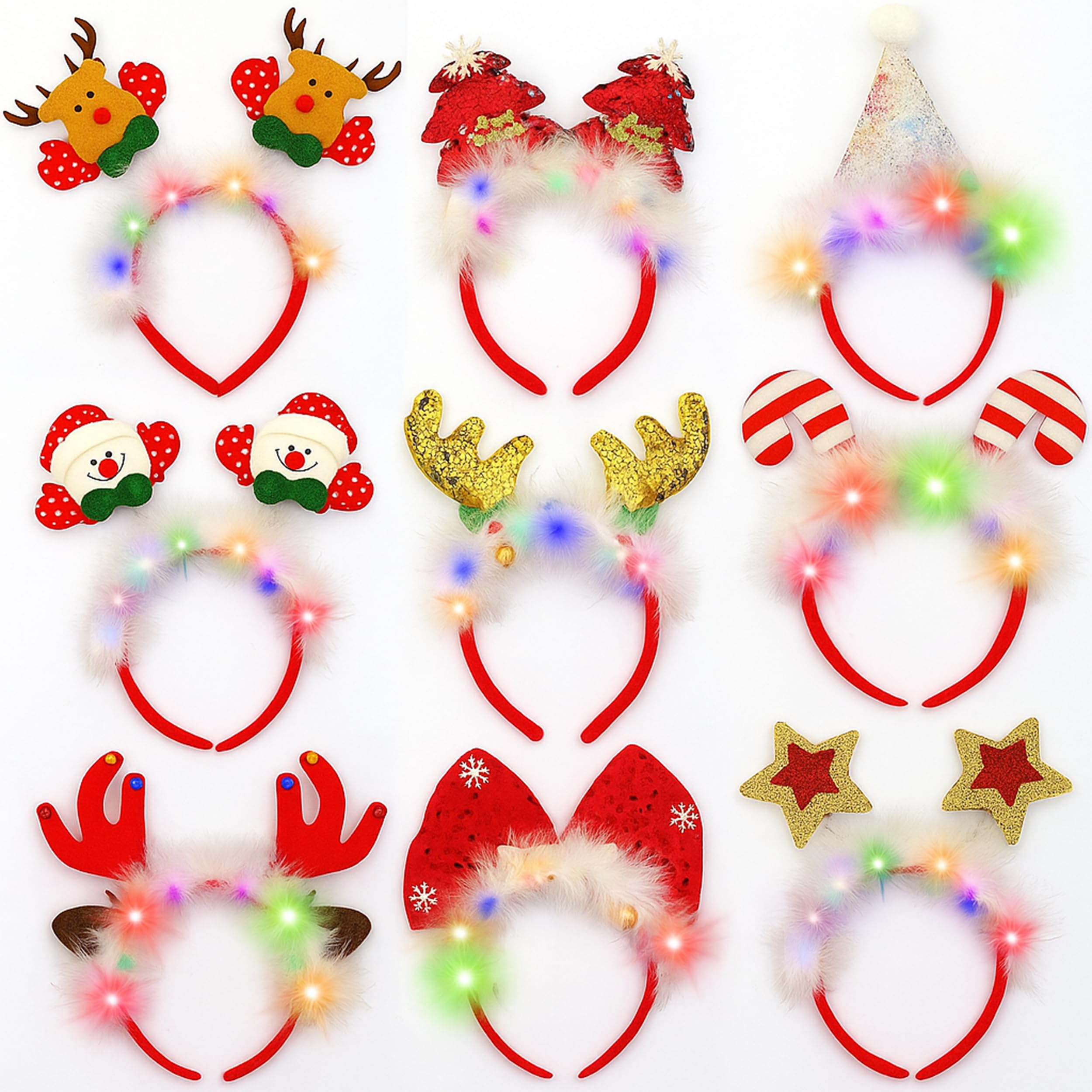 ZDWCLWC 9 Packs Light Up Christmas Headbands with 3 Light Modes, Assorted Xmas Headwear for Adults & Kids