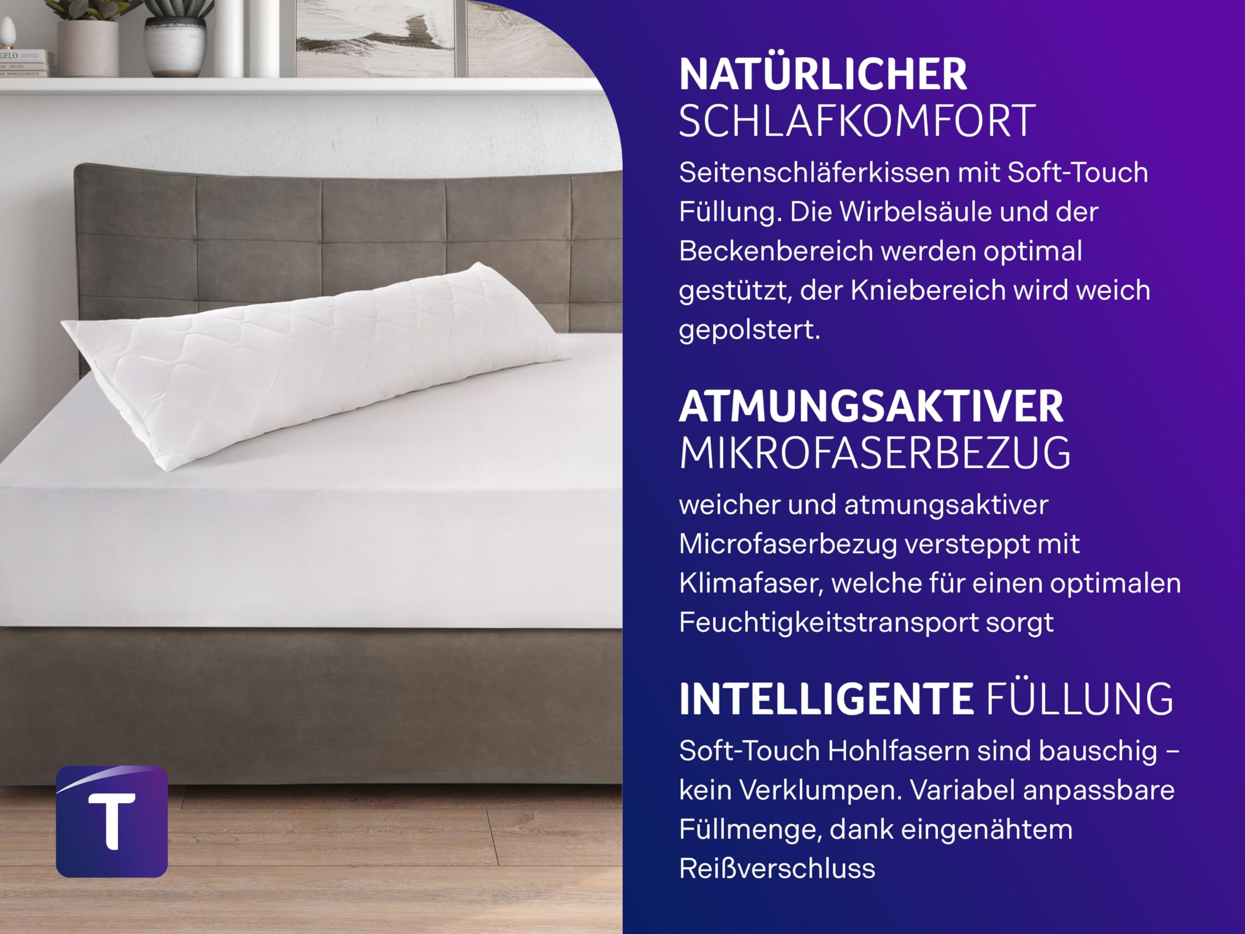 Traumnacht Almohada Lateral de Microfibra Suave, 1.200 g de Relleno con Cremallera, 40 x 145 cm, Lavable, Certificado Öko-Tex, Desarrollado en Alemania