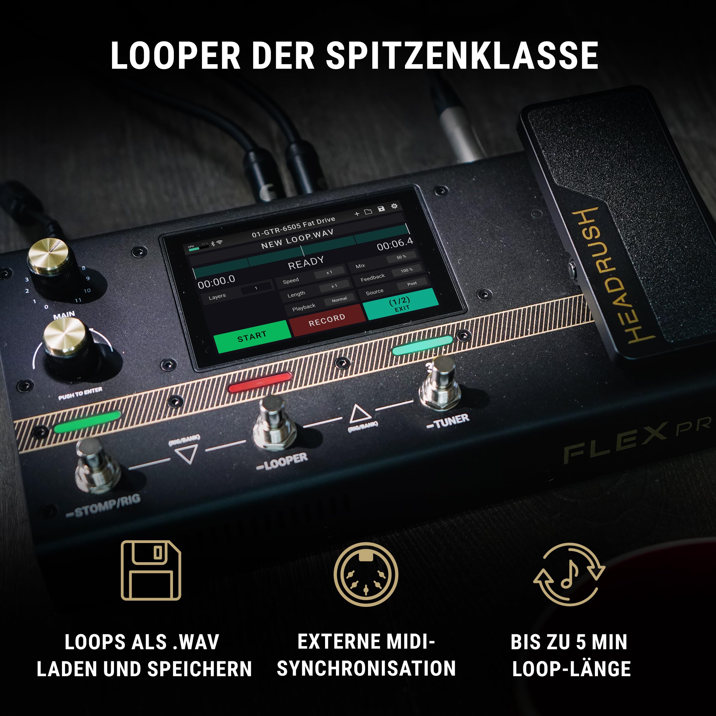 HeadRush Flex Prime Gitarre und Bass Multi-Effekt Pedal und Amp Modeling Prozessor mit Touchscreen, Looper, WLAN, Bluetooth, IR Loader, USB, Lektionen
