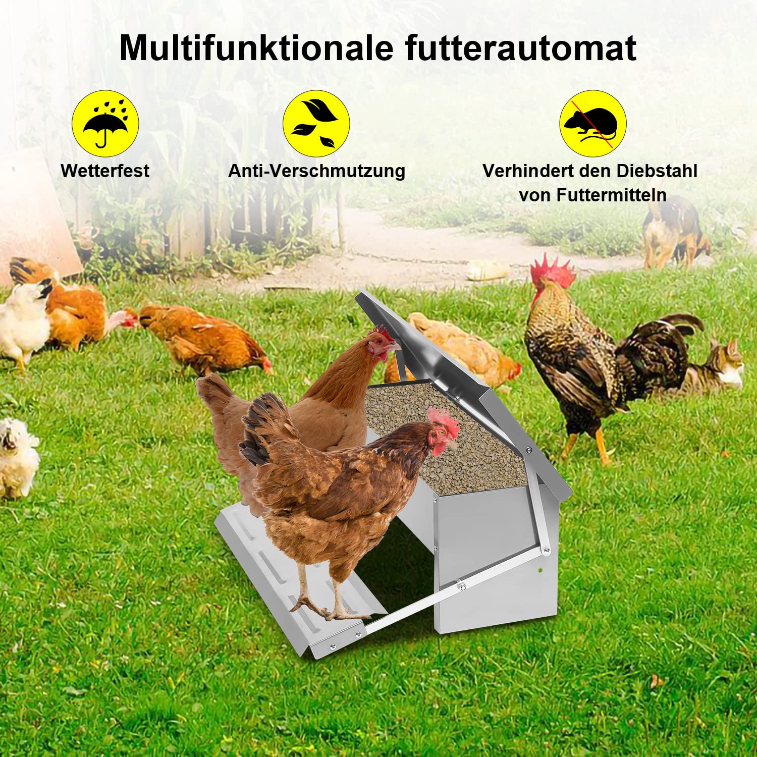 Mangiatoia automatica per polli da 5 kg, Alimentatore Automatico in Metallo con Piedini Antiratto e Coperchio Impermeabile, pedale automatico, Apertura Automatica per polli e Anatre