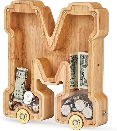 Alcancía de madera con letras, alcancía interconectable para niños y niñas, alfabeto M de juguete con ruedas, para niños (inicial-M)