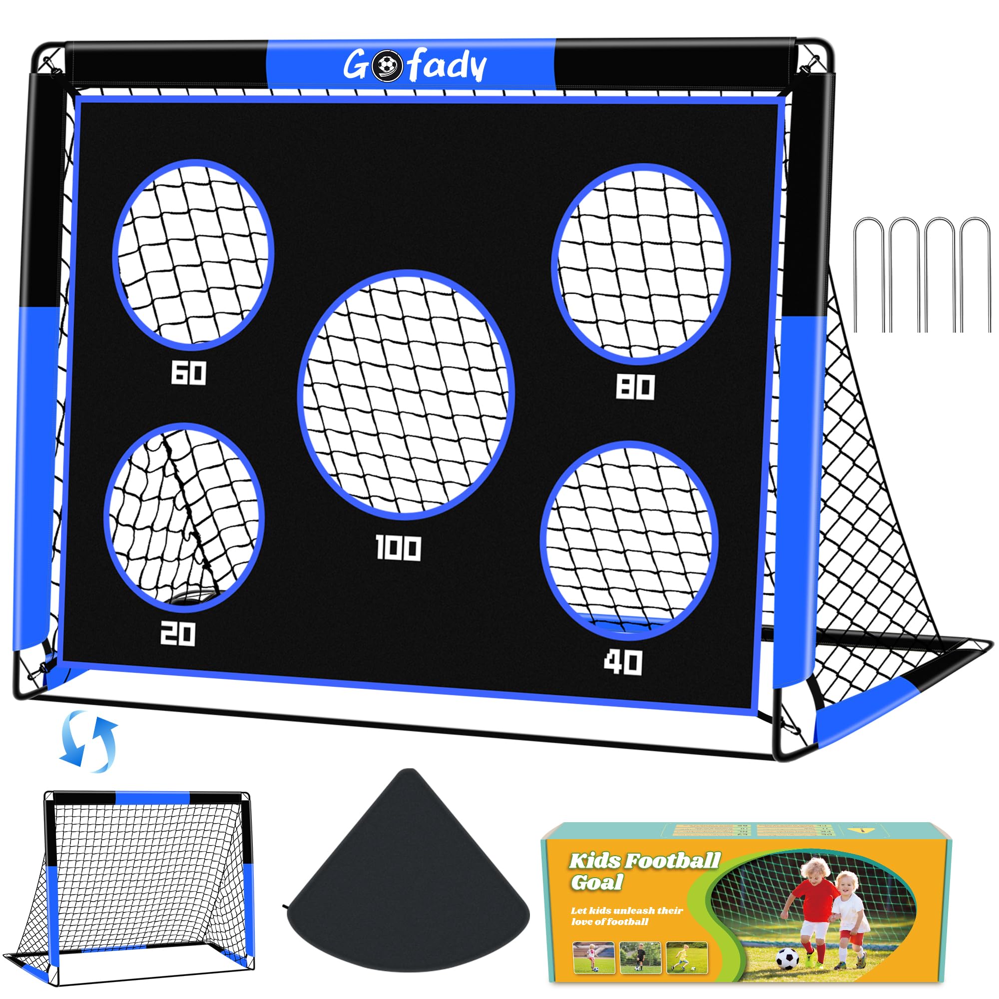 2-in-1 Pop Up Football Goal for Kids -5ft x 4ft Football Net with 5 Target Ranges, Foldable Goal Posts for Garden/Backyard/Beach/Outdoor Training, Easy Assembly & Carry Bag