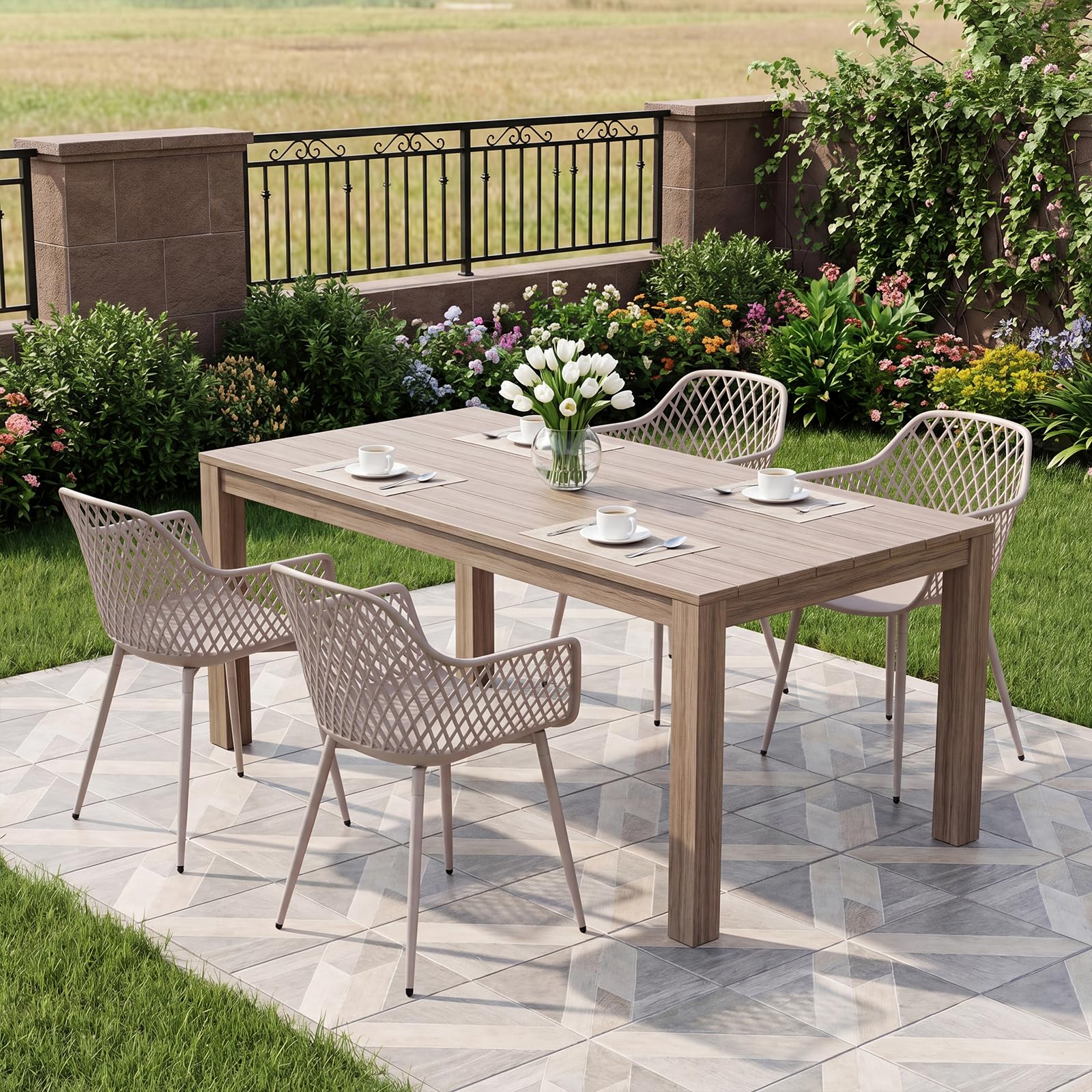 buybyroom Sillas Terraza Exterior, Pack de 4 Sillas Jardin Exterior con Reposabrazos, Patas de Metal y Respaldo de Plástico Ergonómico, para Jardín, Terraza, Balcón, Salón,Comedor,Caqui Claro