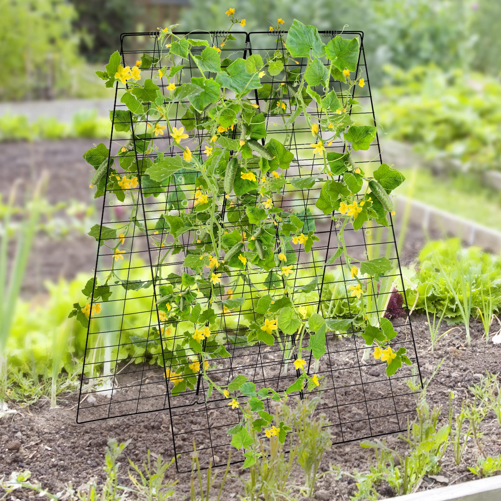 GOPLUS Ogórek podpora dla roślin pnących, metalowa pergola z ramą A i siatką na pnącza, podpórka do roślin, do ogrodu, na ogórki, pomidory i groszek
