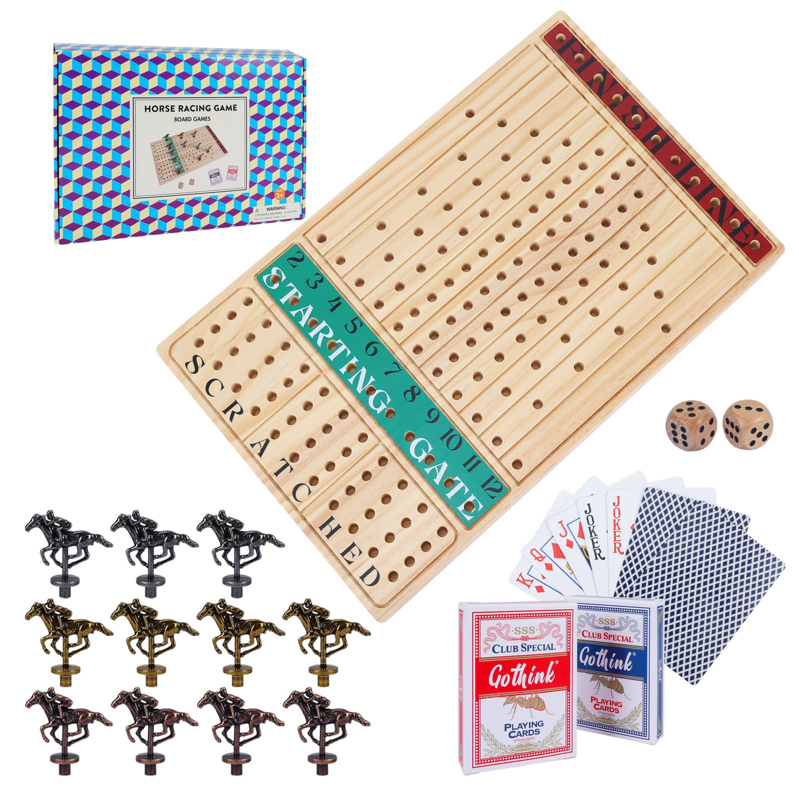 Horse Race Board Game, Thickened Wooden Chessboard with 11 Luxurious Durable Metal Horses