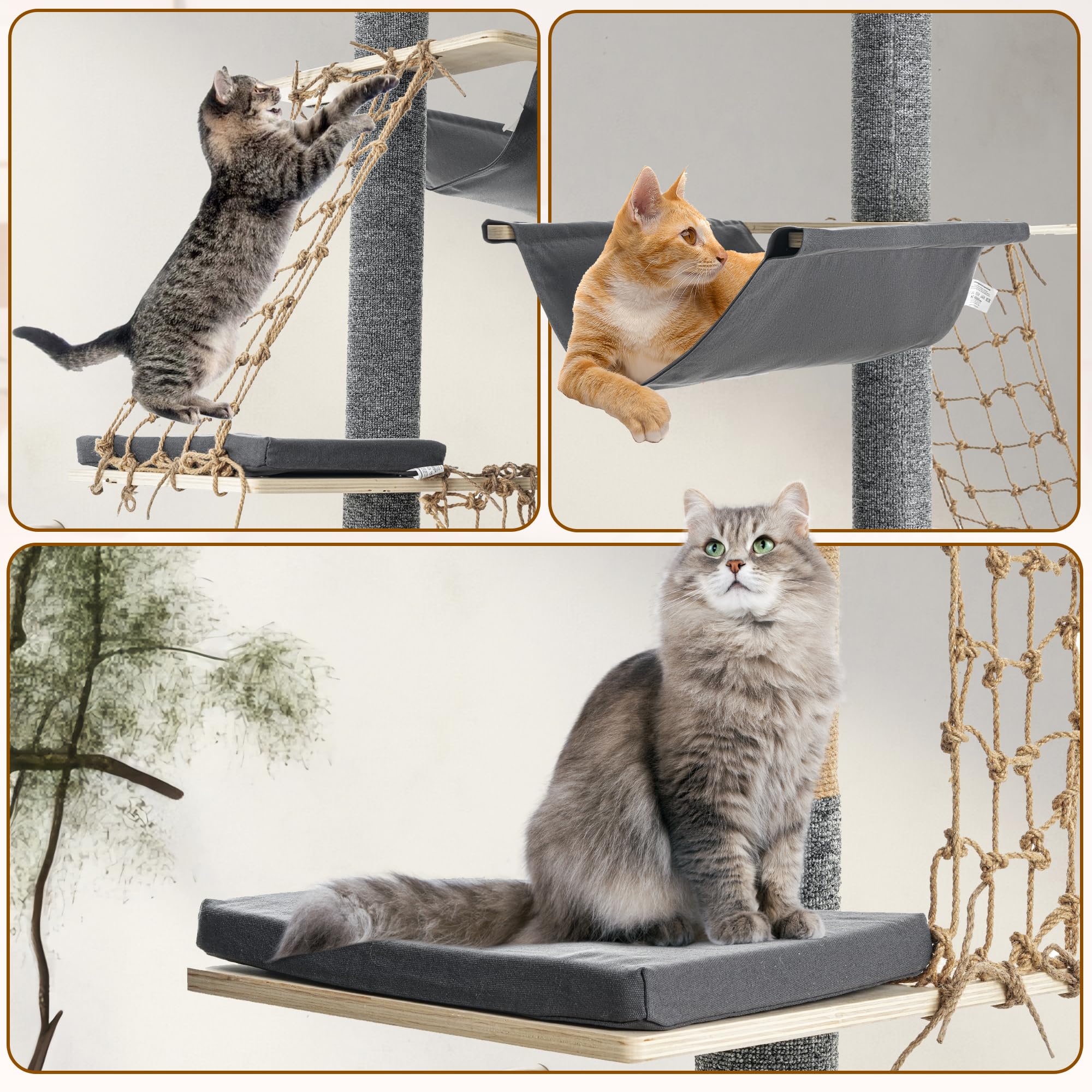 Kratzbaum Deckenhoch mit Hängematte & Kletternetz| Höhenverstellbar 236–270 cm | Kratzbaum Deckenspanner mit 5 Plattformen | Schmal & platzsparender Indoor-Kletterturm aus Holz für Katzen