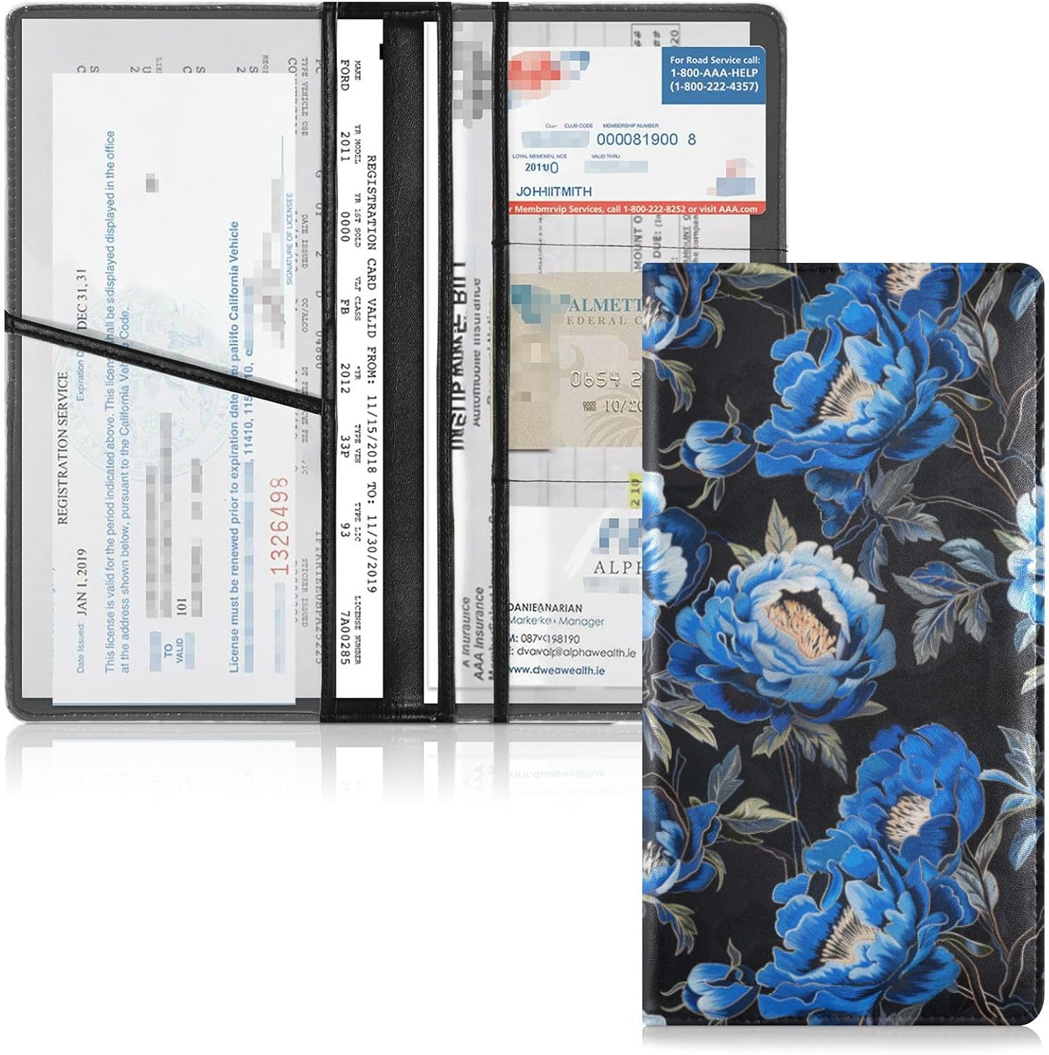 Blue Vintage Flowers Premium Leather Car Registration and Insurance Holder Wallet Accessories Case for Driver License, Cards & Essential Documents image 2