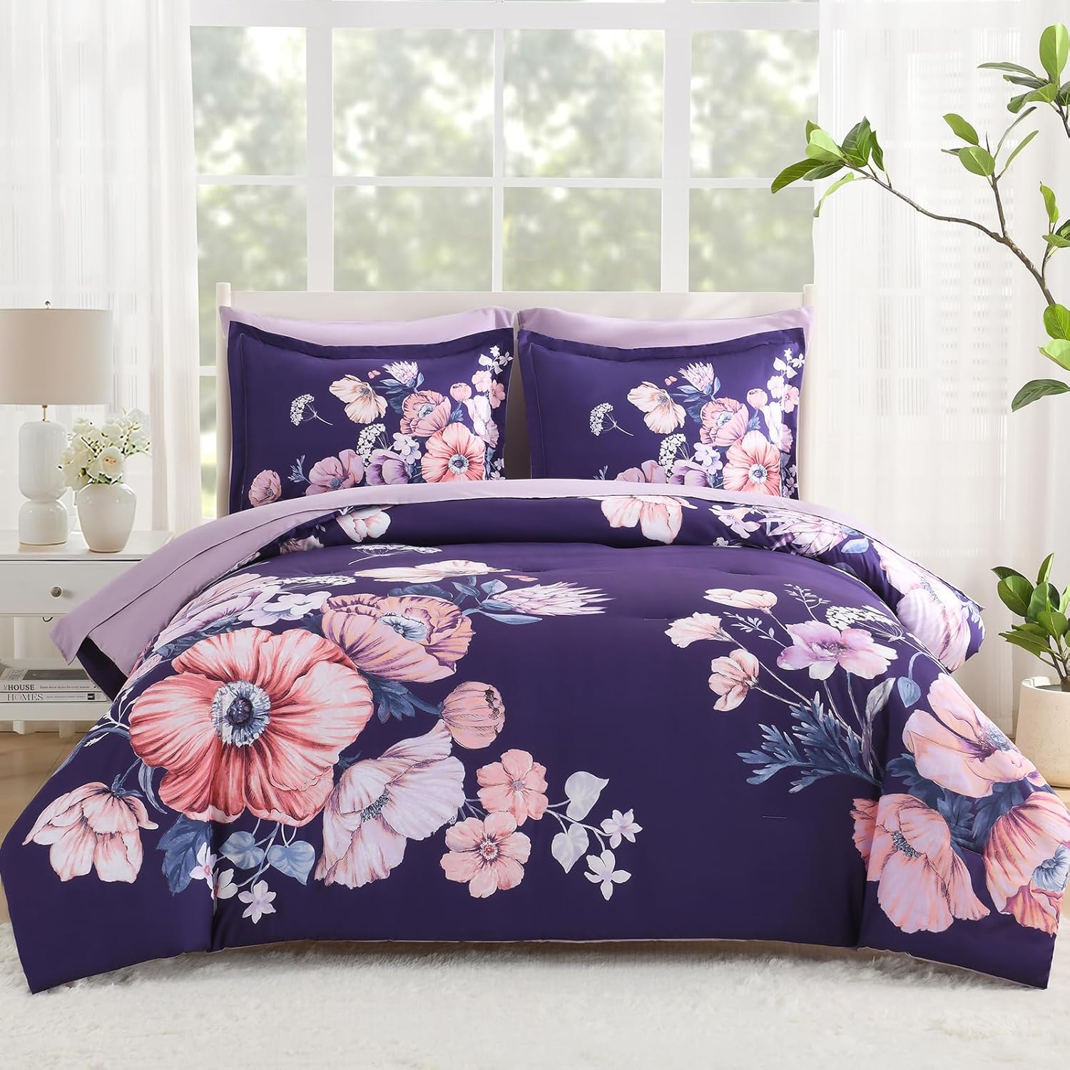 King Size Comforter Set - 7 Pieces Floral Comforter and Sheet Set, Dark Purple King Size Bed in a Bag, Soft Microfiber Flower Complete Bedding Set for All Seasons（Dark Purple,104"x90"） - Image 2
