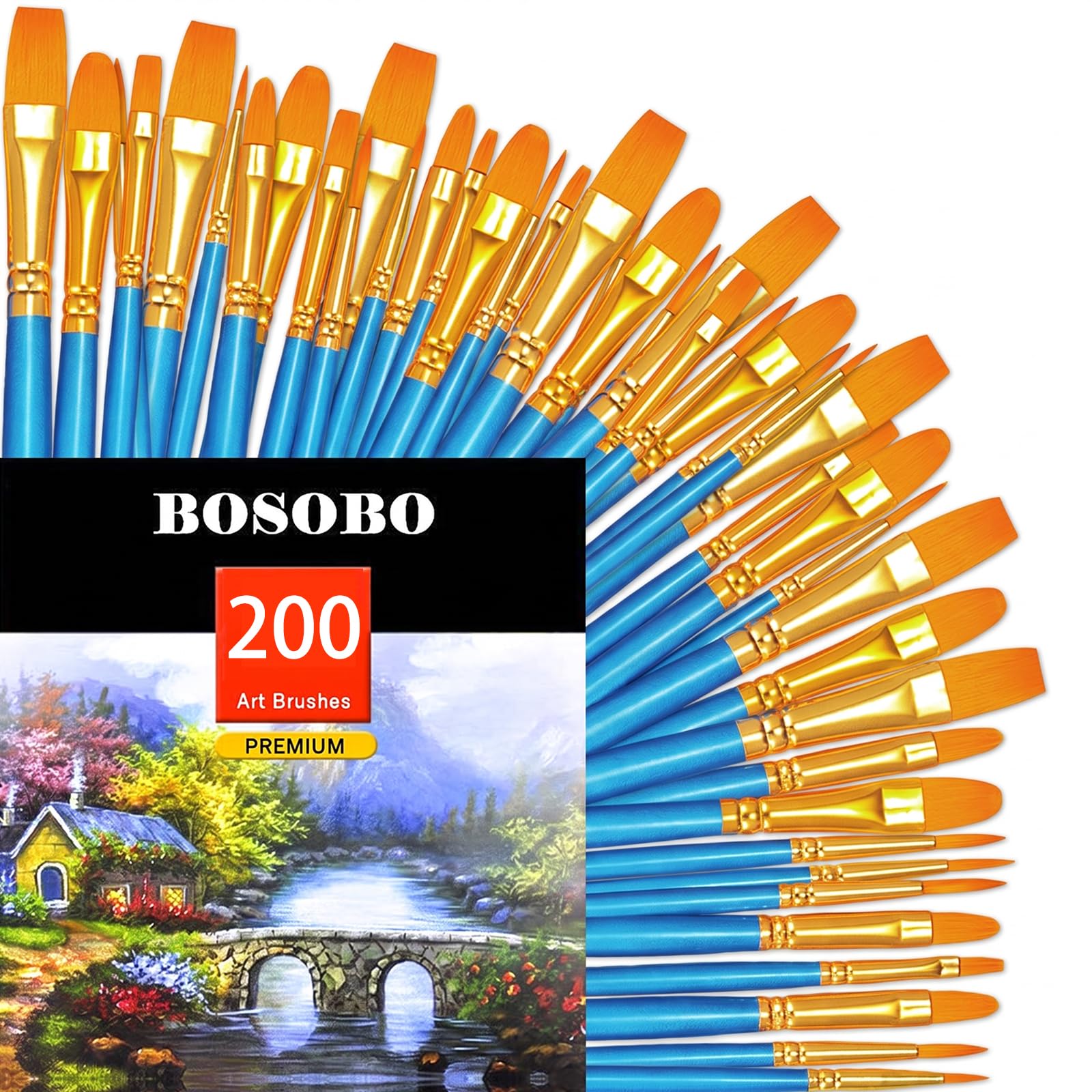 BOSOBO Assorted Nylon Acrylic Artist Paint Brushes Set,Blue,200 Pcs