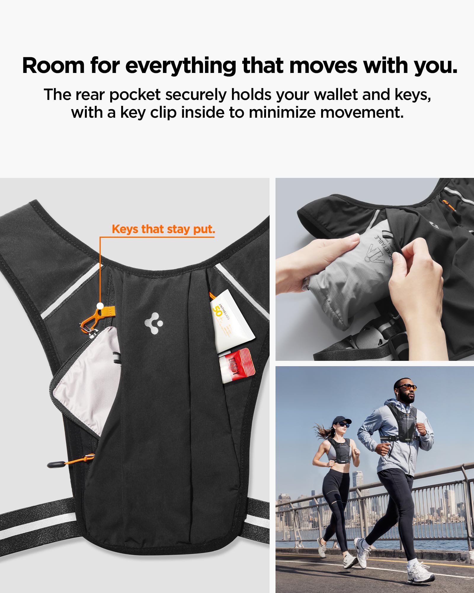 Spigen Dynamic Shield A720 Gilet da Corsa Leggero, Zaino da Corsa, Bande Riflettenti, Compatibile con Smartphone Fino a 6,9”, Leggero e Vestibilità Sicura - Nero