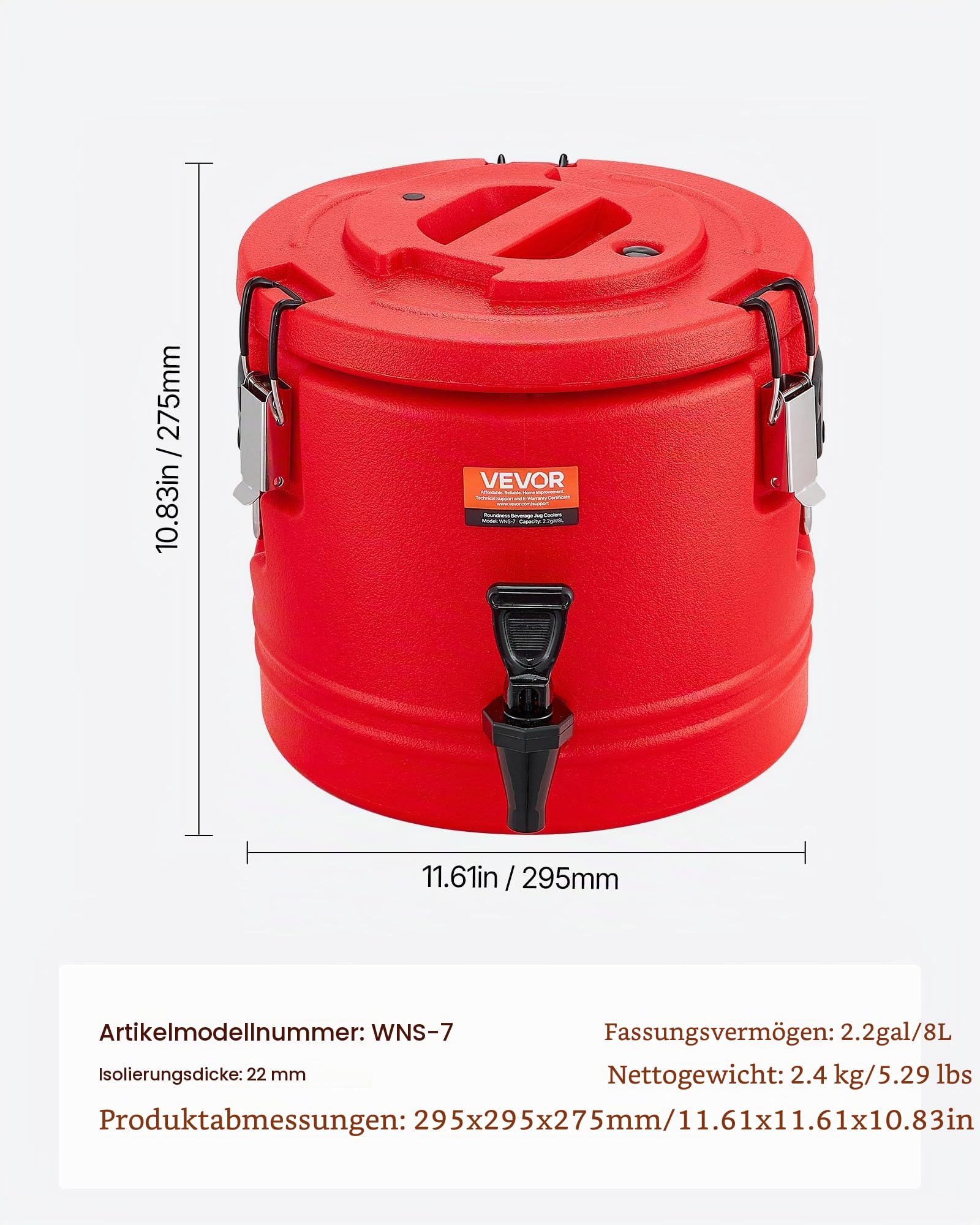 VEVOR isolierter Getränkespender 8 L Thermo-Getränkespender für Heiß- und Kaltgetränke mit Zapfhahn, lebensmittelechter Kühlkrug mit Innenseite aus 304er-Edelstahl, für Tee Kaffee Restaurant