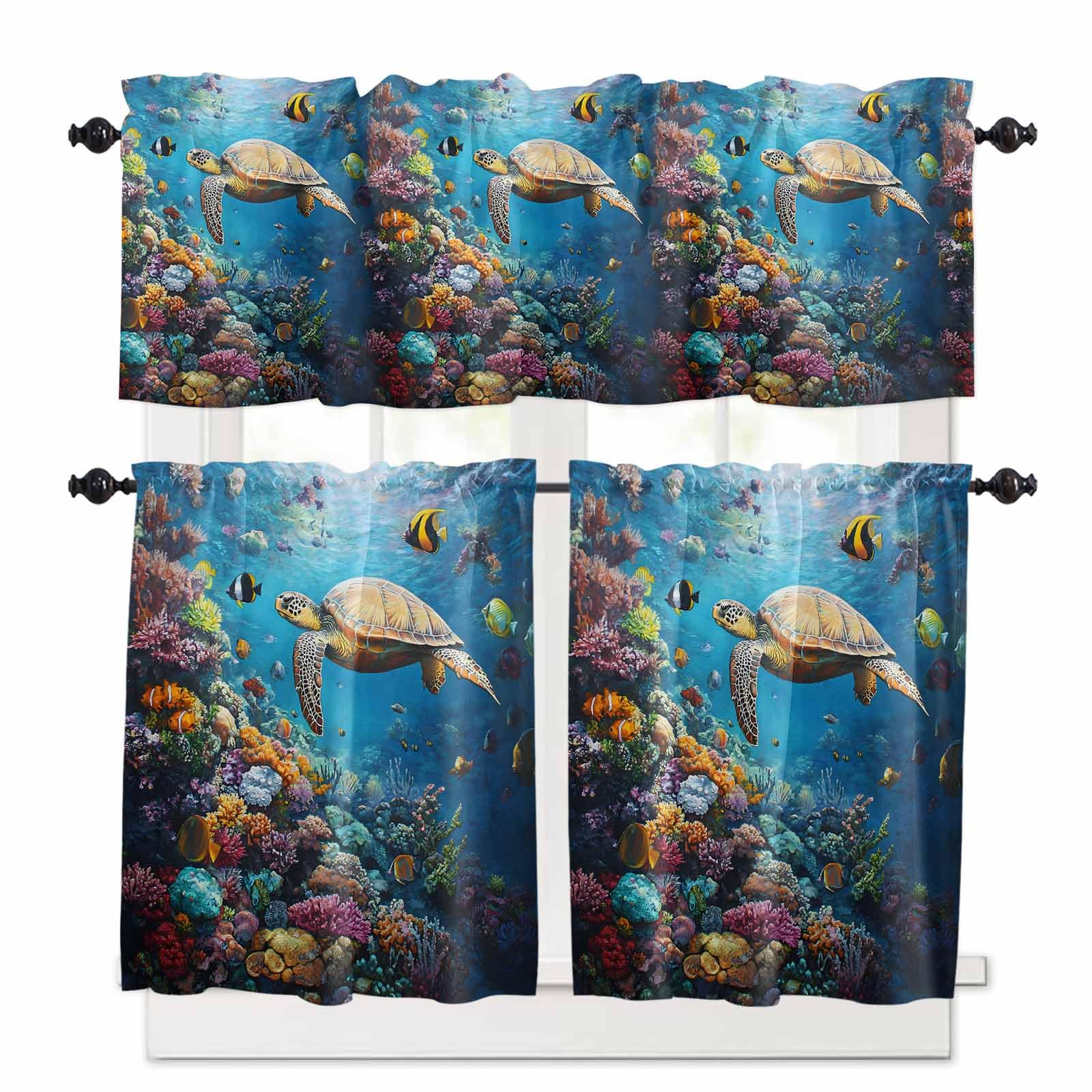 Summer Turtle Kitchen Curtains 36 Inch Length, 3 Piece Rod Pocket Small Half Tiers and Valance Set, Ocean Coral Underwater Sea Fish Animal Small Large Window Treatment Decor for Bedroom/Bathroom Sink