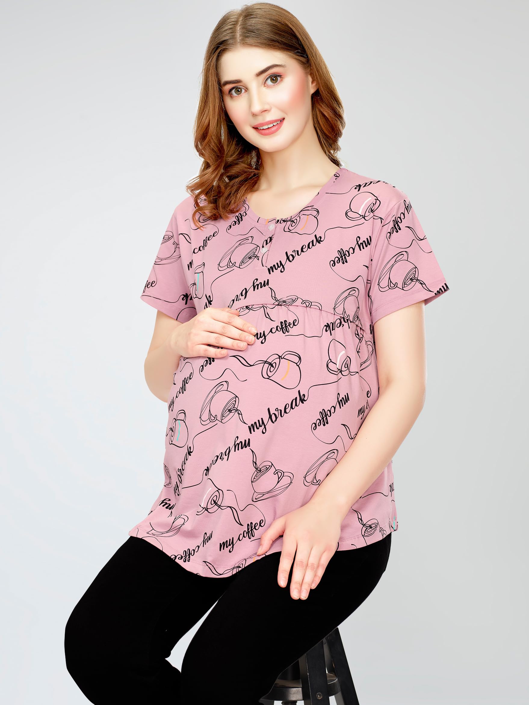 ZEYO Women's Cotton Mauve Maternity Top Cup & Saucer Printed Feeding T-Shirt 5813 - Image 3 thumbnail
