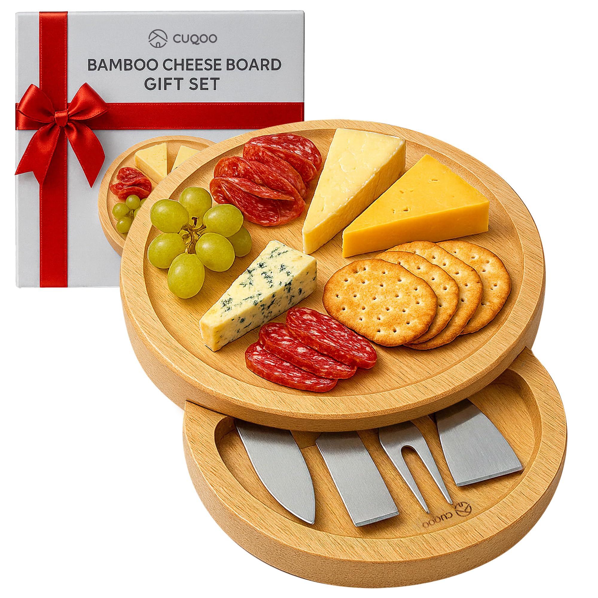 CUQOO Bamboo Cheese Board Set with 3 Knives & Fork – Wooden Charcuterie Board, Cheeseboard Gift Set for Serving, Grazing, Cheese Boards & Knives, Cheese Platter for Cheese Lovers