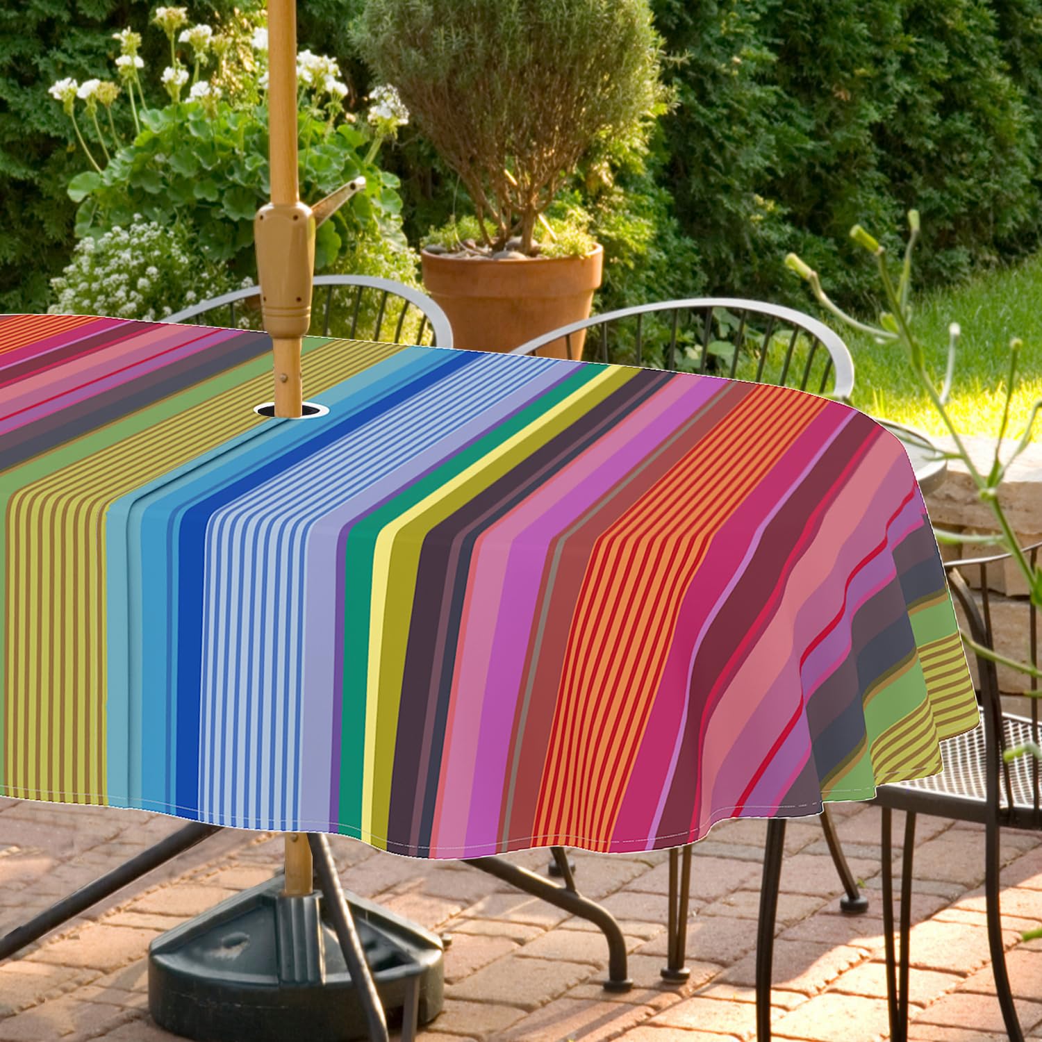 Virtumob Outdoor Tablecloth with Umbrella Hole and Zipper, Rectangle Patio Table Covers for Spring/Summer, Machine Washable Outdoor Picnic Table Cloth (02stripes, 60" × 84" Oval)
