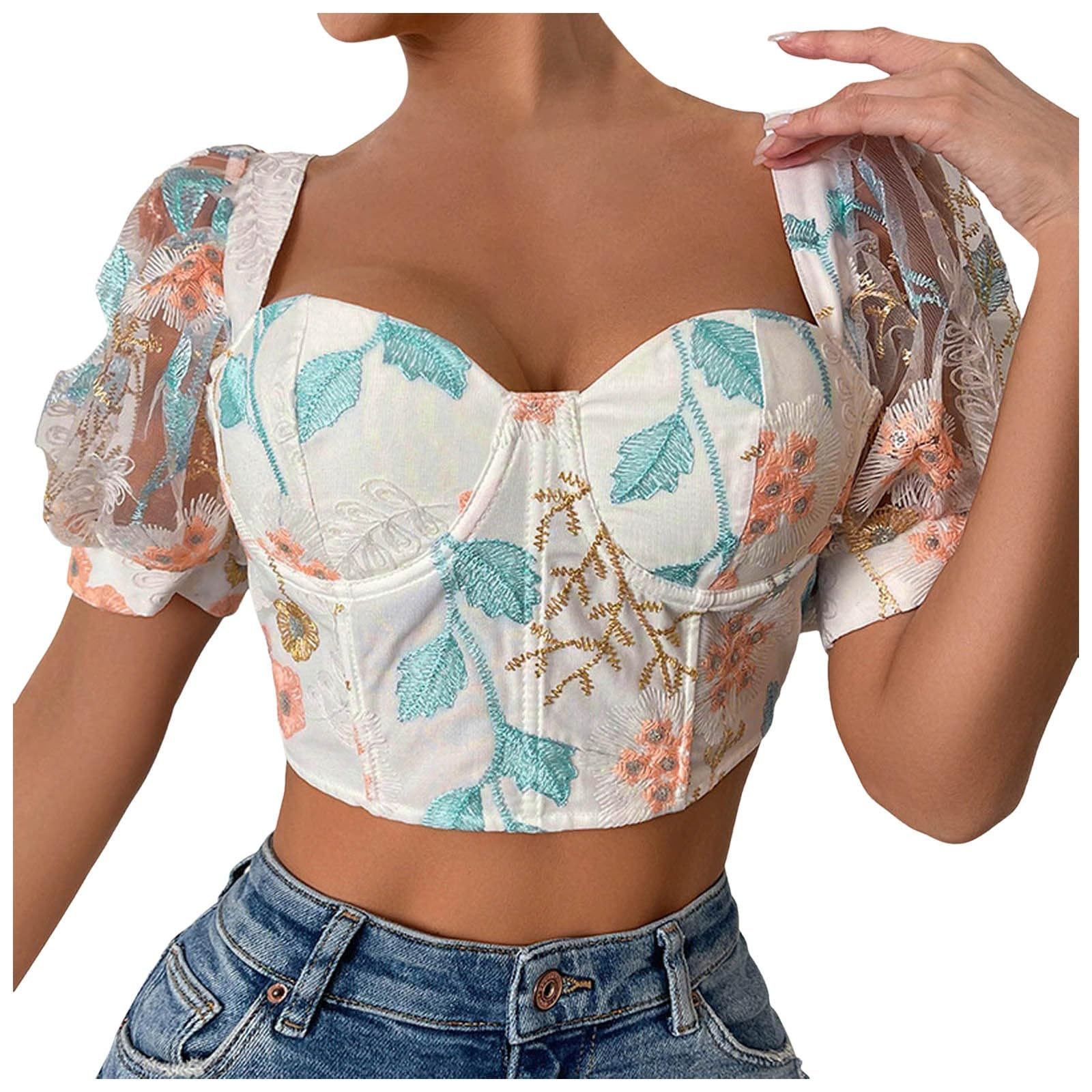 Generisch Camicetta da donna Dirndl bianca in pizzo, elegante top in pizzo da donna, elegante corsetto, maniche svasate, top corto avvolgente, camicetta in pizzo per lingerie