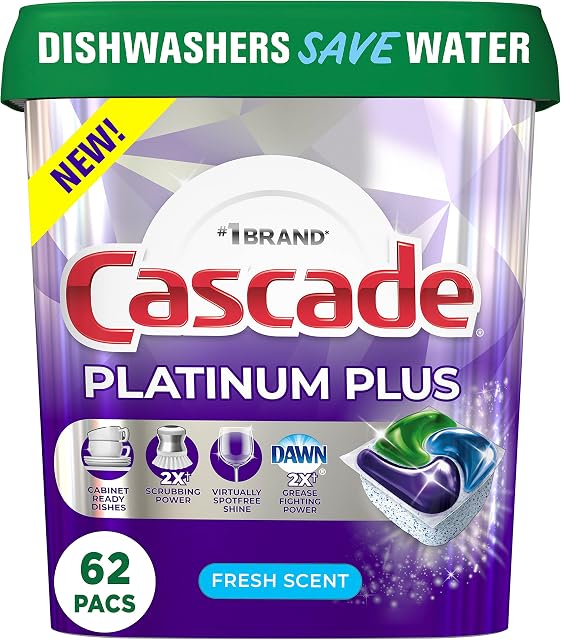 Cascade Platinum Plus ActionPacs Dishwasher Detergent Pods, Fresh, 62 Count