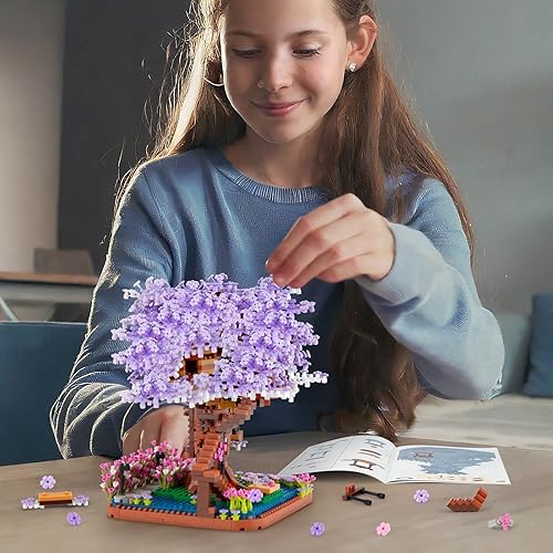 Miniatura 5 de HIGH GODO Juego de micro construcción de árbol bonsái de flor de cerezo, juegos de modelos de casa de árbol Sakura japonés, kit de construcción de