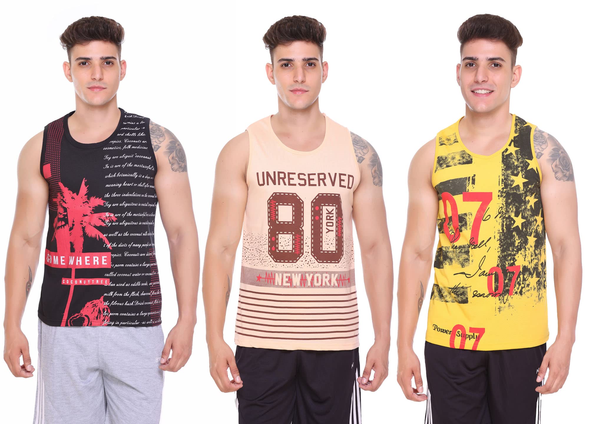 TOLLFREE Sleeveless Vest for Men || Tank Top Sando || Workout Tshirts || Sports Vest || Goa Beach Wear Swimming T-Shirt || Running Tops || Gym Vest for Men || SENDO 3 Combo-Black.D-Camel-White-XXL ||