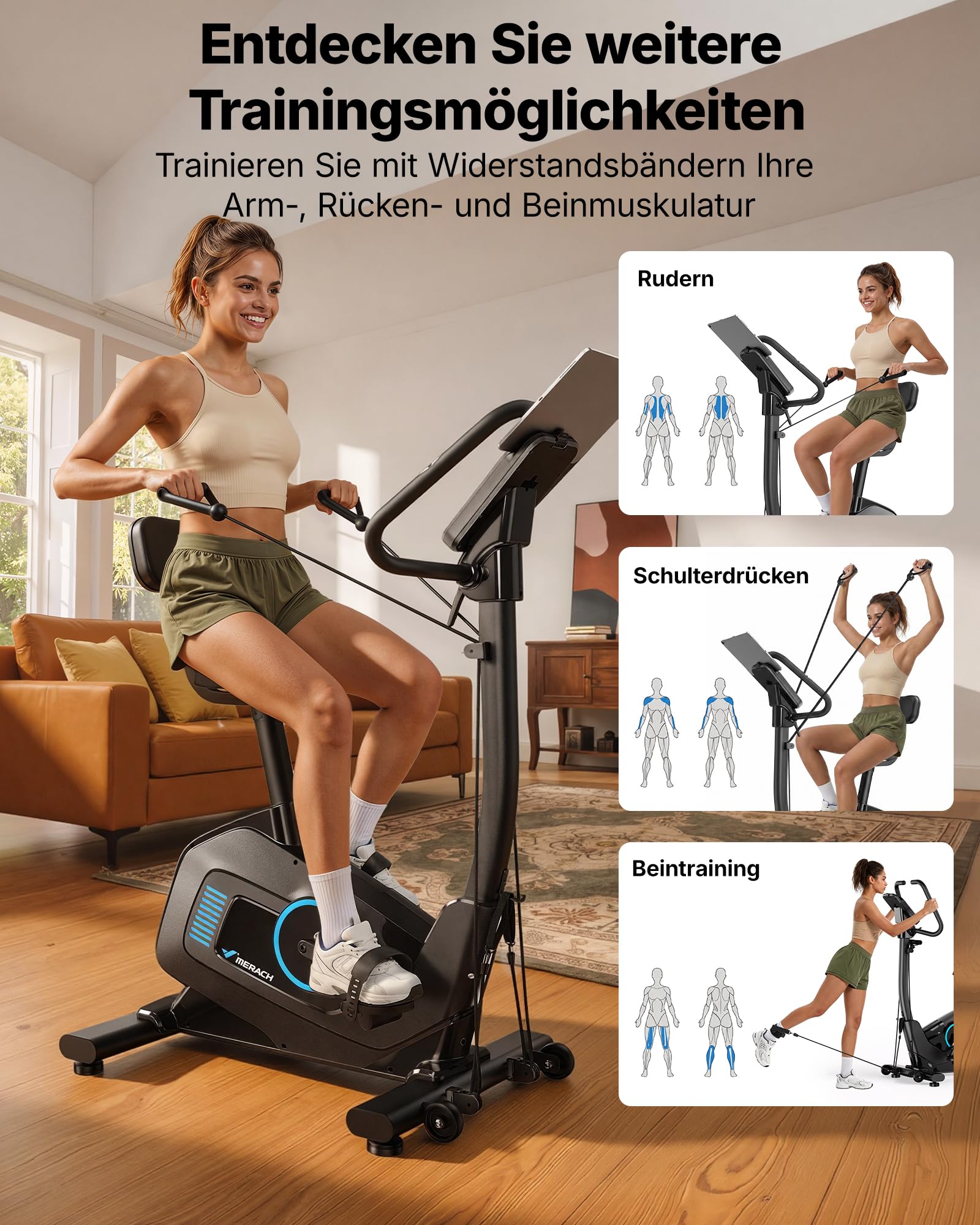 MERACH 4 in 1 Ergometer Heimtrainer Fahrrad mit Automatische Widerstandsanpassung, 16-stufigem Magnetwiderstand, Leisem Antrieb, 2 Trainingsmodi, App-Steuerung, Komfort-Rückenlehne, Widerstandsbändern