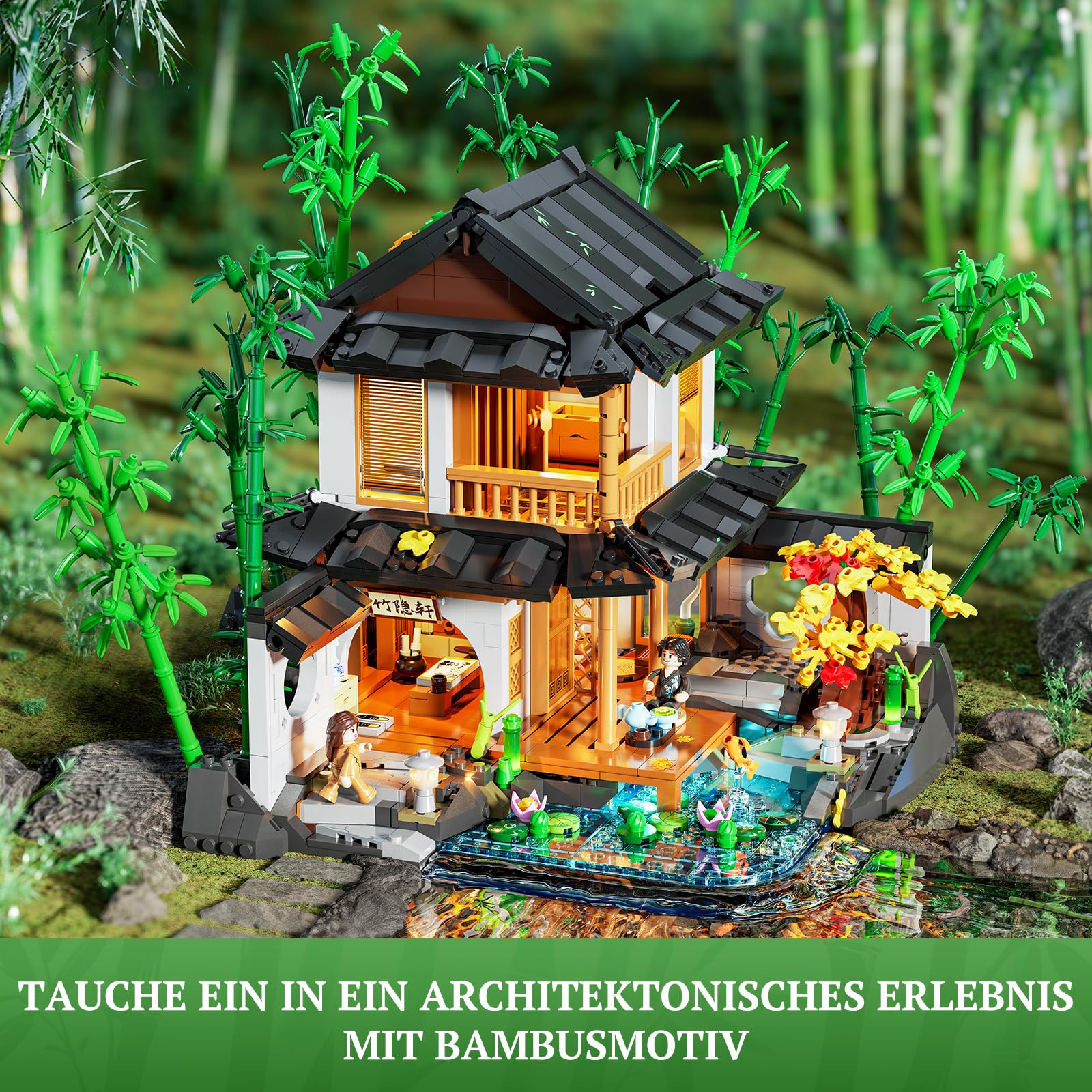 Lumibricks Bambushaus Beleuchtetes Baustein-Set – 2432 Teile Retro Chinesisches Gartenhaus & Baumhaus mit LED-Licht, für Erwachsene und Sammler traditioneller Architektur