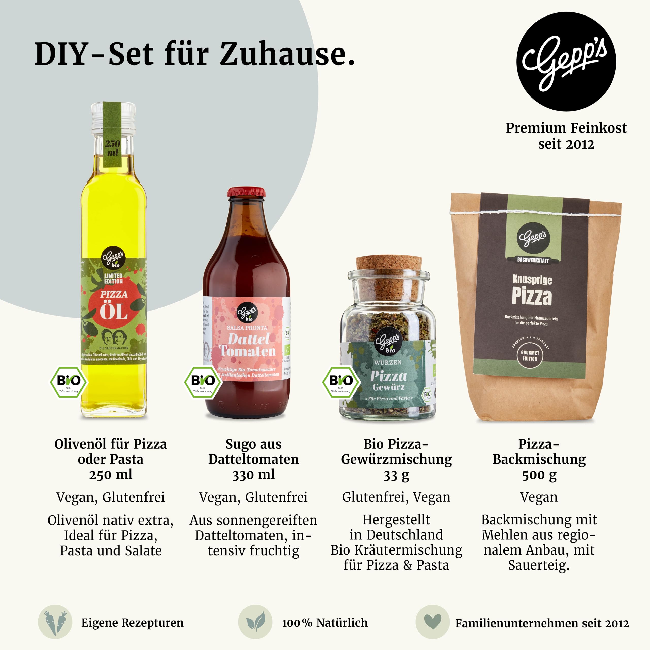 Gepp’s Feinkost DIY Pizza Geschenkset mit Pizzateig, Sugo, Pizzaöl und Bio Pizzagewürz