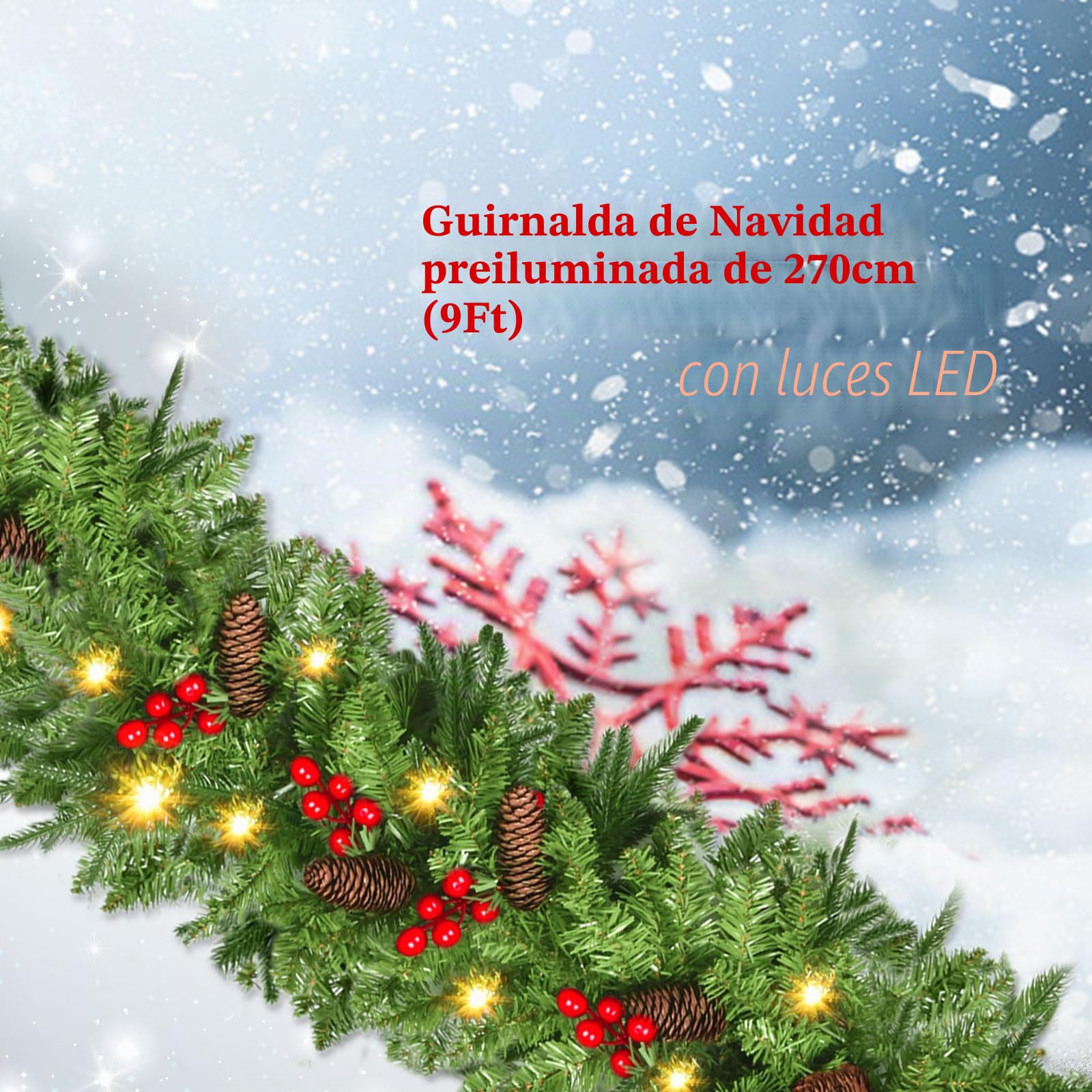 NUZEKY Guirnalda de Navidad, 2,7 m, Guirnalda de Abeto con 30 Luces LED, Guirnalda de Navidad, Guirnalda de Navidad para Exterior con Flores, Bolas para Interior y Exterior, Chimenea, Escalera