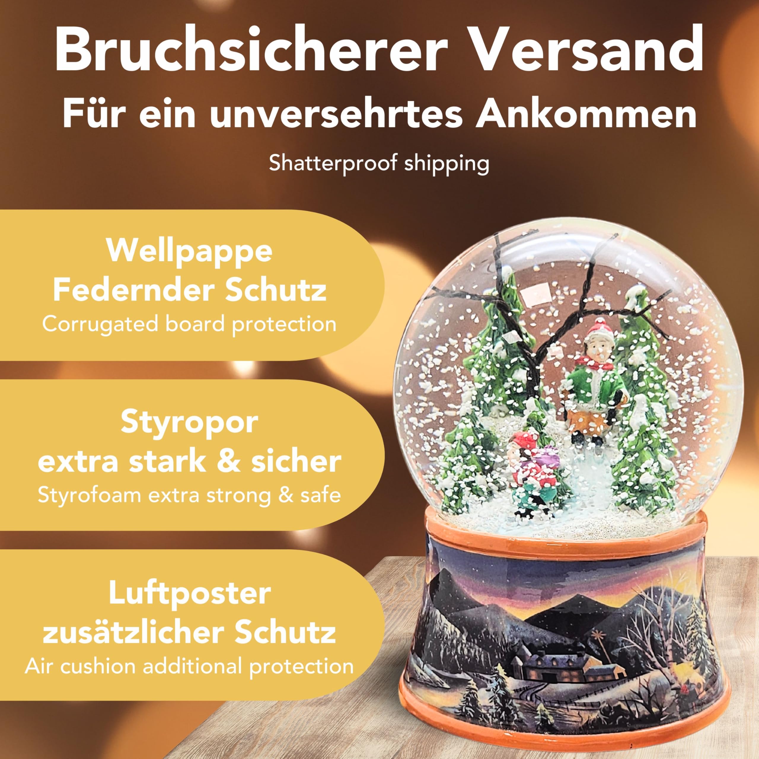 Schneekugel Weihnachten mit Musik | Nostalgische Skifahrer | Sockel Winterlandschaft Ocker| H: 14cm B: 10 cm | Schüttelkugel Wintersport Winter mit Spieluhr | 20275