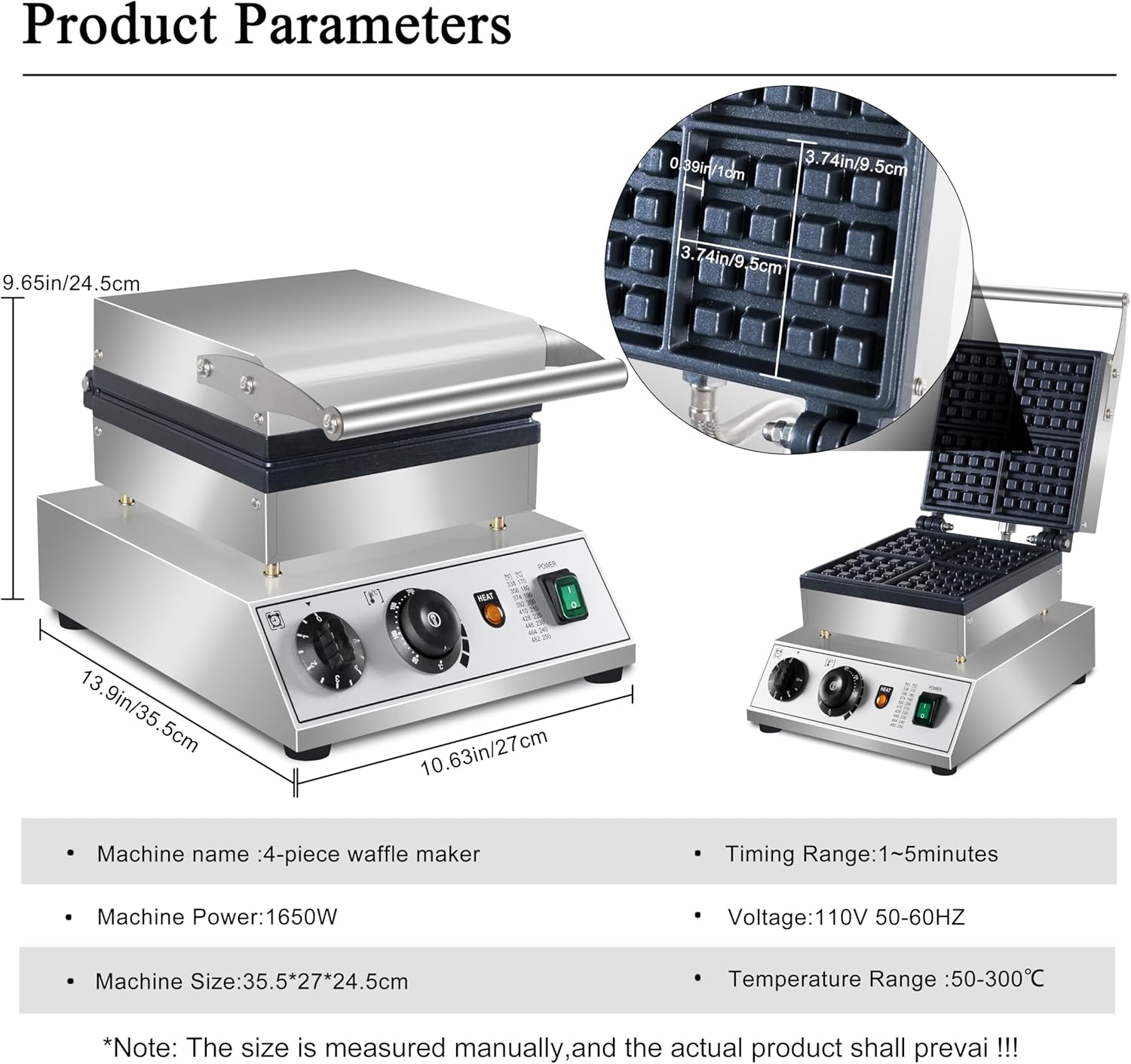 Product features and dimensions of a four-piece waffle maker.