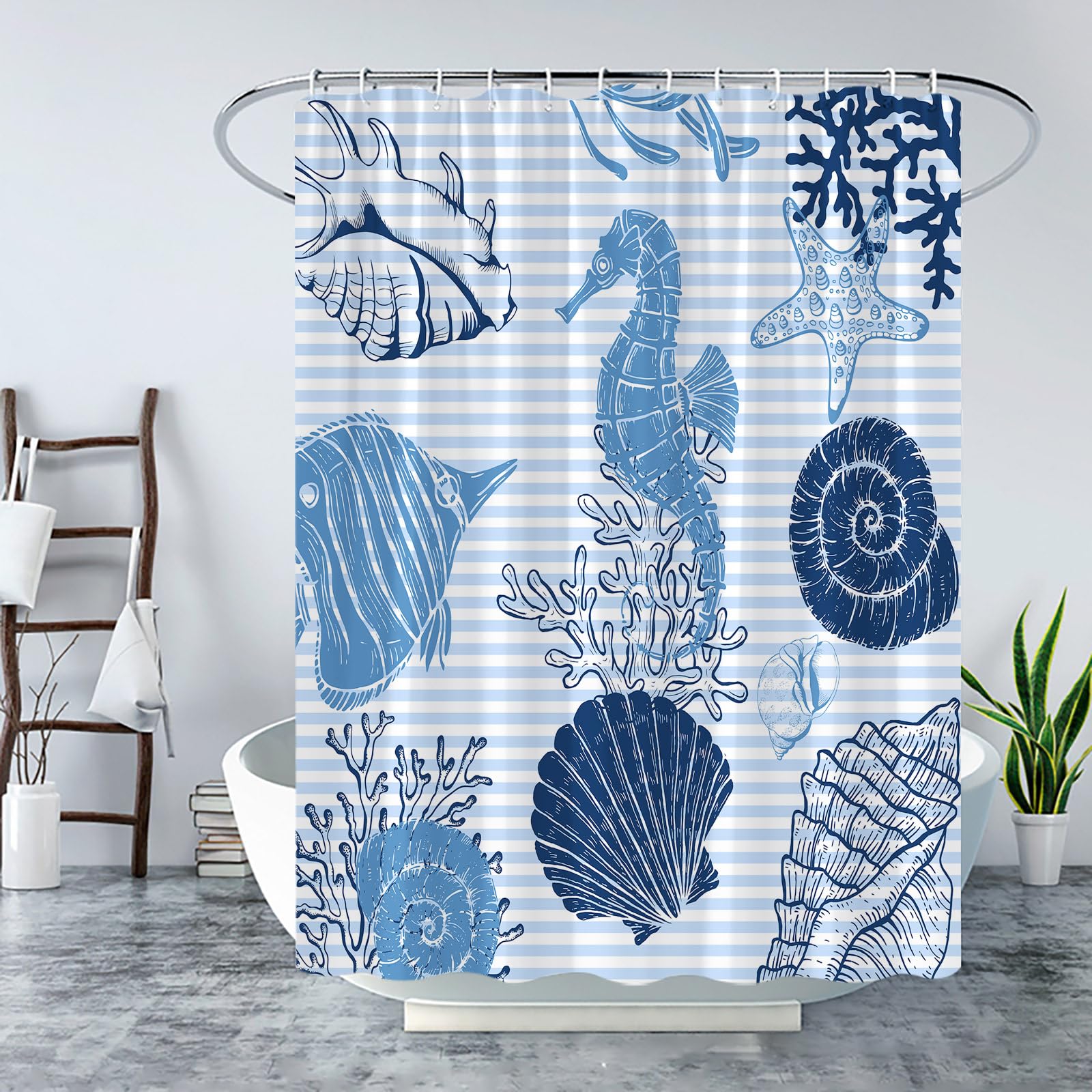 Duschvorhang Mit Strand-Design – Korallen, Muscheln & Seesterne, Wasserabweisend, Inkl. Haken