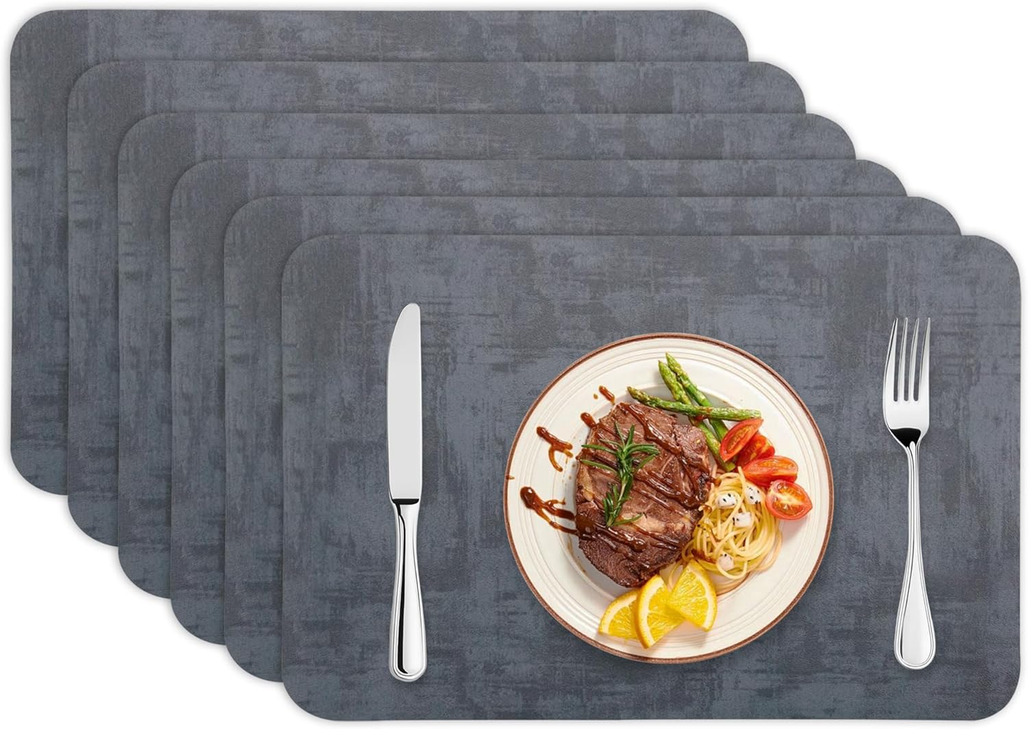 YCT Faux Leather Placemats for Dining Table Set of 6 - Water and Oil Resistant - Easy to Clean - Abrasion Resistant Insulated Placemats, 12'' x 18'', Dark Gray Dark Gray Set of 6