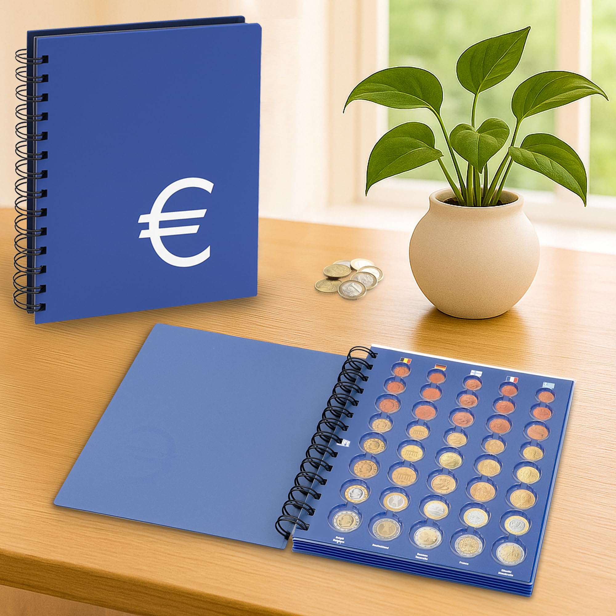 SAFE 7807 Album TOPset per monete euro – Con 5 fogli per 25 serie complete – Tutti i paesi UE – Formato compatto 210×235 mm – Rilegatura a spirale con copertina rigida argentata