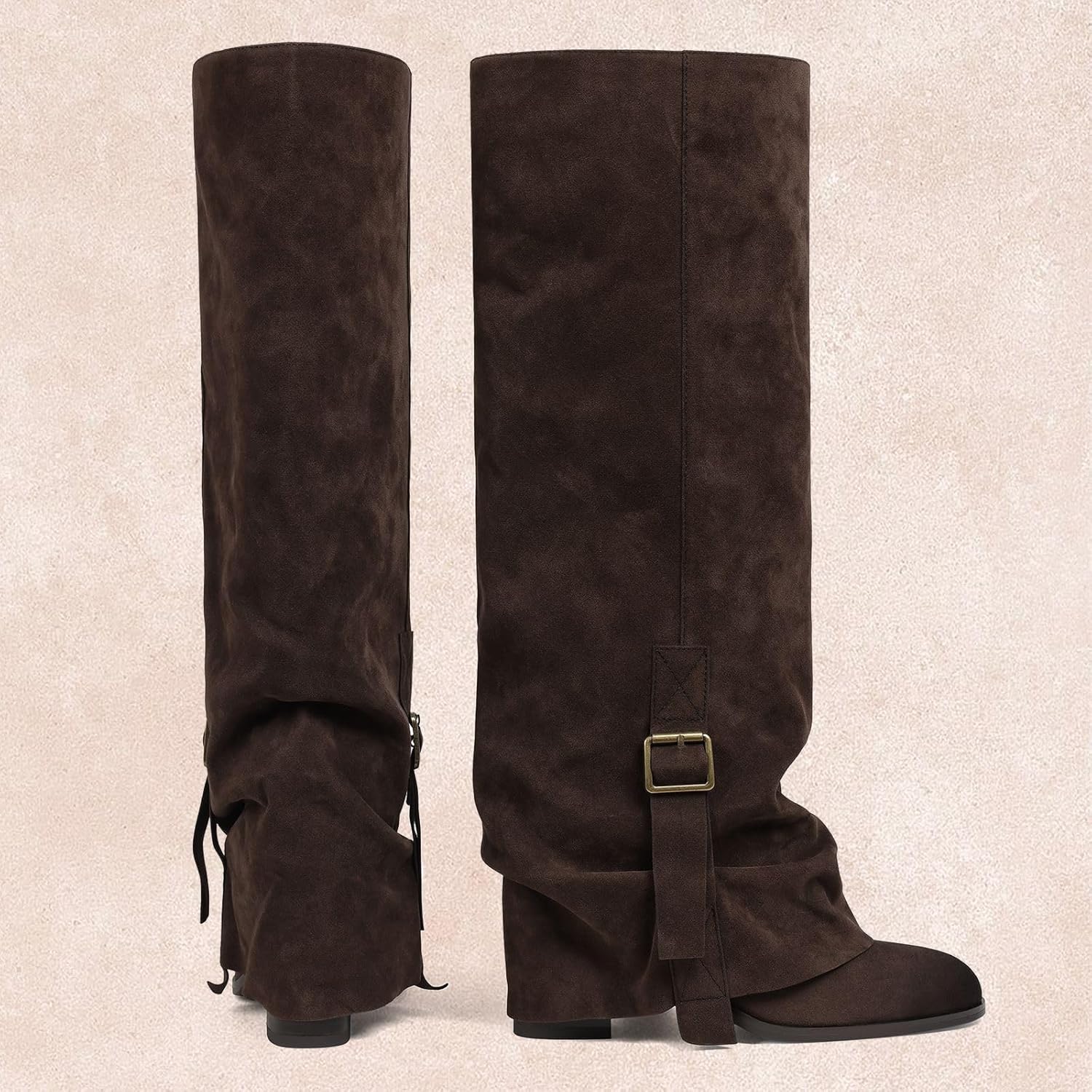 Wide Calf Knee High Boots For Women Fold Over Slouchy Round Toe Buckle Tall Shoes - Image 6