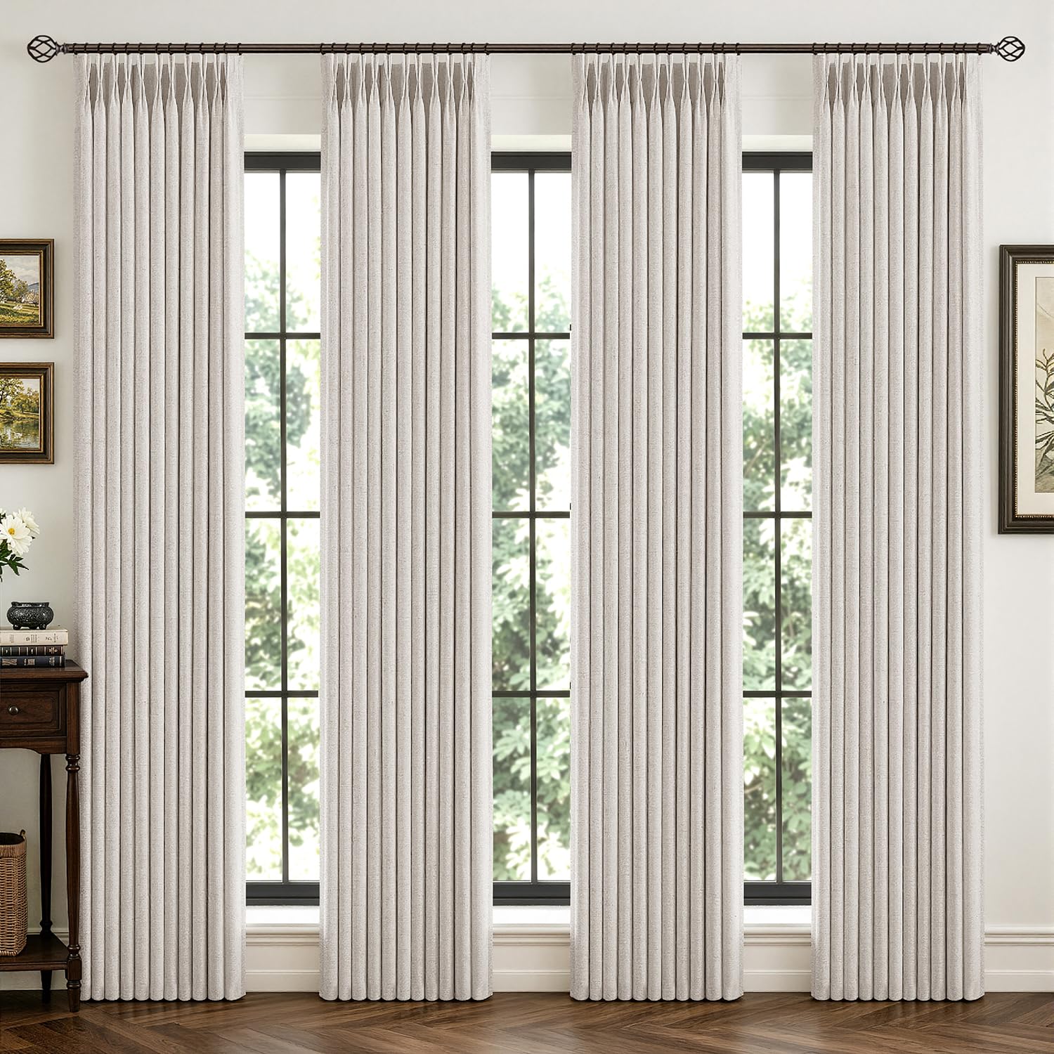 MIULEE 4 Panels Pinch Pleated 100% Blackout Linen Curtains 40"x84" Birch