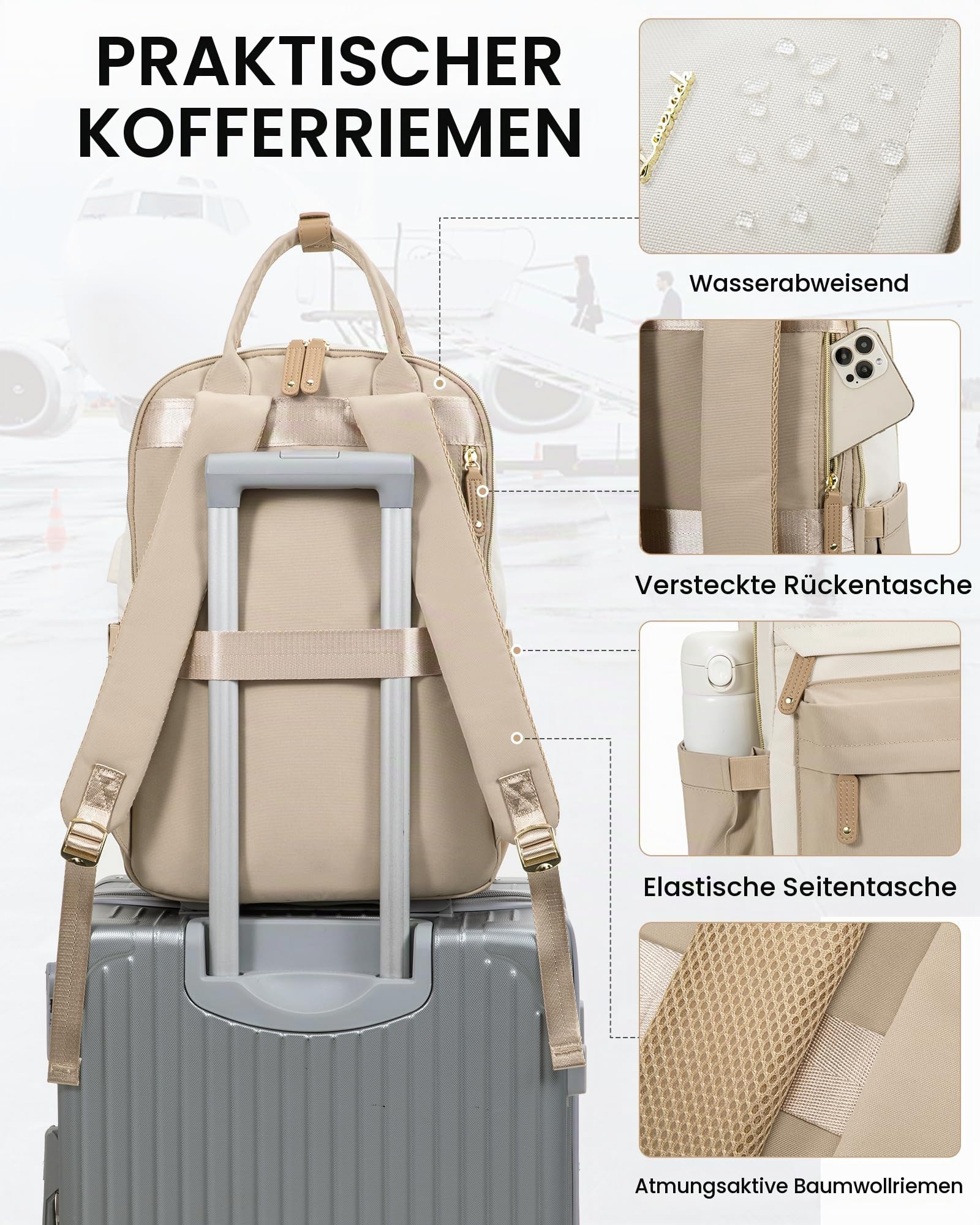 LOVEVOOK Rucksack Damen, 17 Zoll Laptop Schulrucksack Reiserucksack Wasserdicht Arbeitstasche Backpack Women Groß Schultasche Teenager Mädchen Elegant für Schule Uni Reise Arbeit Büro, Beige