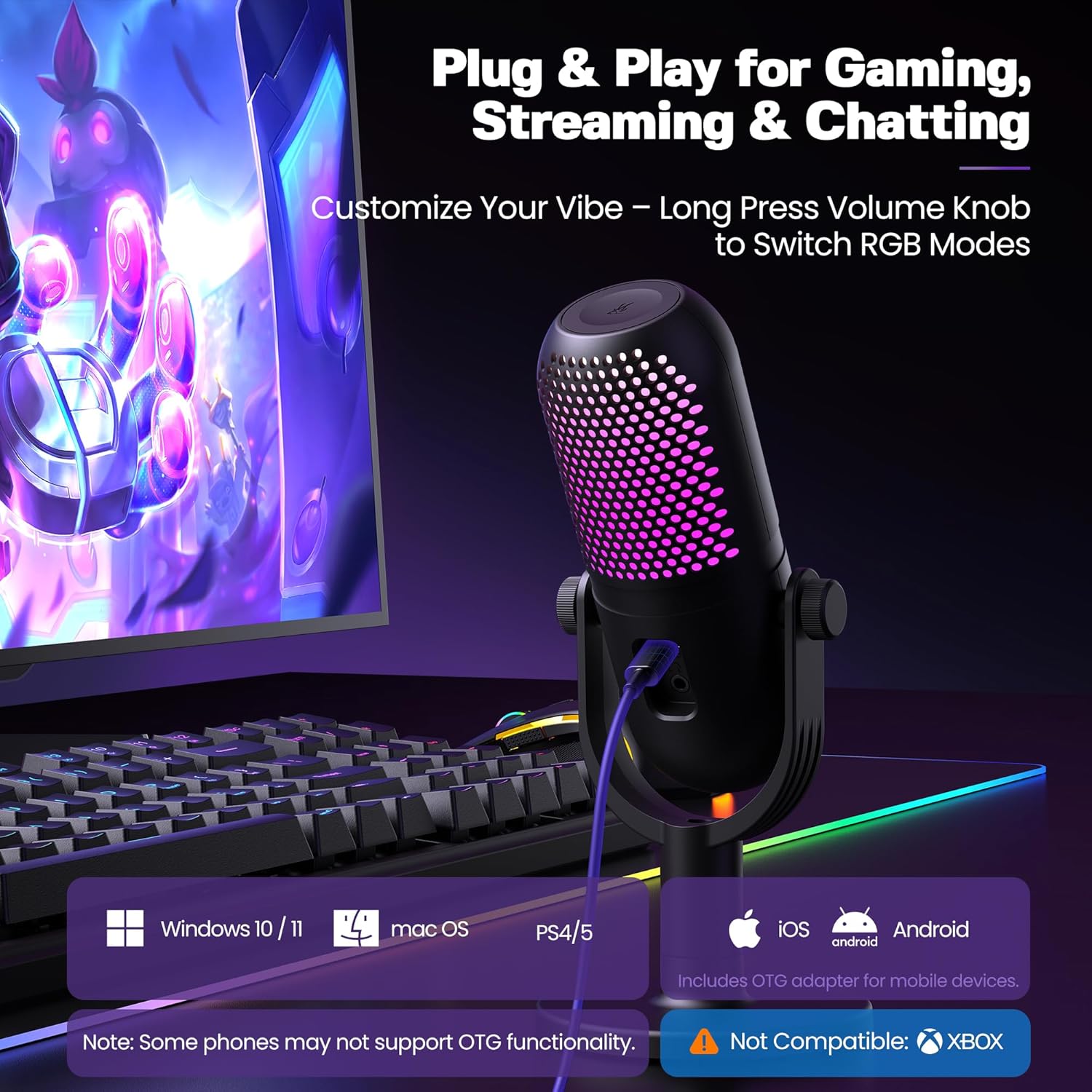 RGB Condenser Microphone for Gaming and Streaming: Versatile Desktop Mic with Quick Mute for PC & Laptop