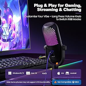 USB Microphone for PC Gaming: Condenser Microphone RGB for Gamer with Stand Mic - Recording Mic for Computer&Laptop with Qiuck Mute - Desk Podcast Mic for Podcast & Singing & Streaming & Youtube Black