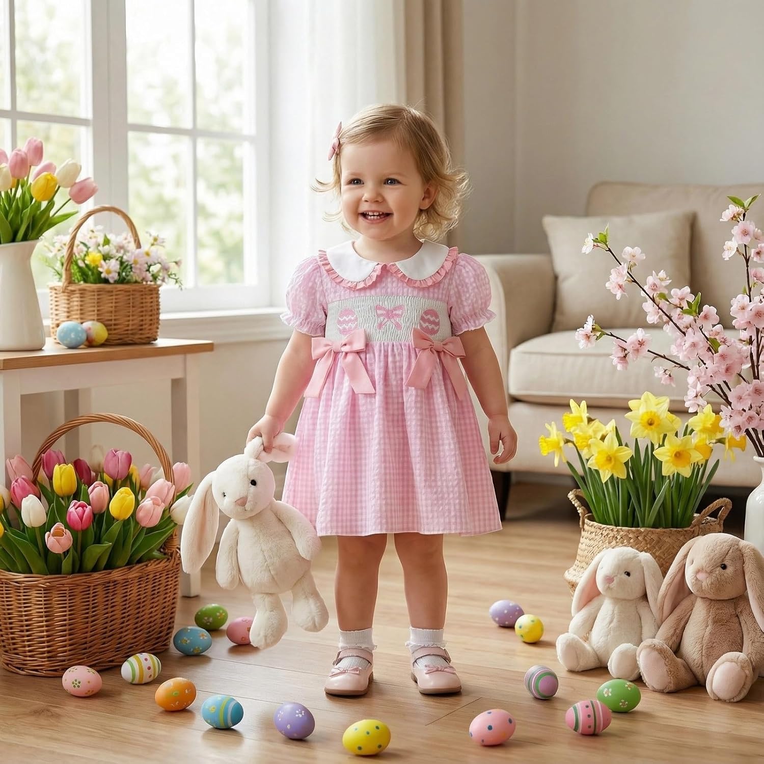 Toddler Baby Girl Easter Outfit Easter Eggs Smocked Dress Puff Sleeve Doll Collar Dreeses Infant Cute Summer Clothes - Image 4