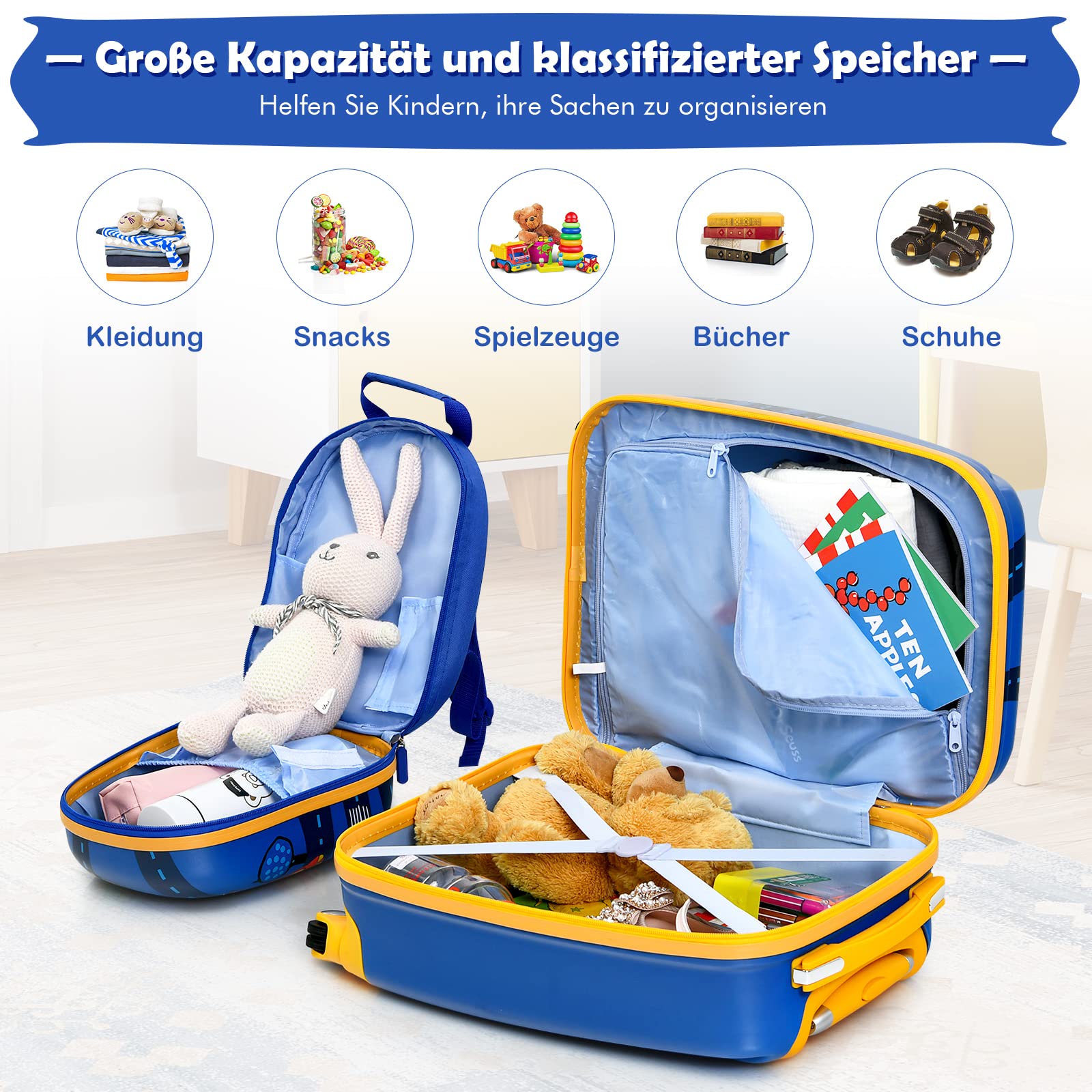 GOPLUS Kinderkoffer mit Rucksack, Kids Trolley, Kindergepäck mit Rollen, Reisekoffer mit Teleskopgriff, Hartschalenkoffer für Kinder, Kindertrolley Farbwahl (Cartoon-Auto, 12"+18")