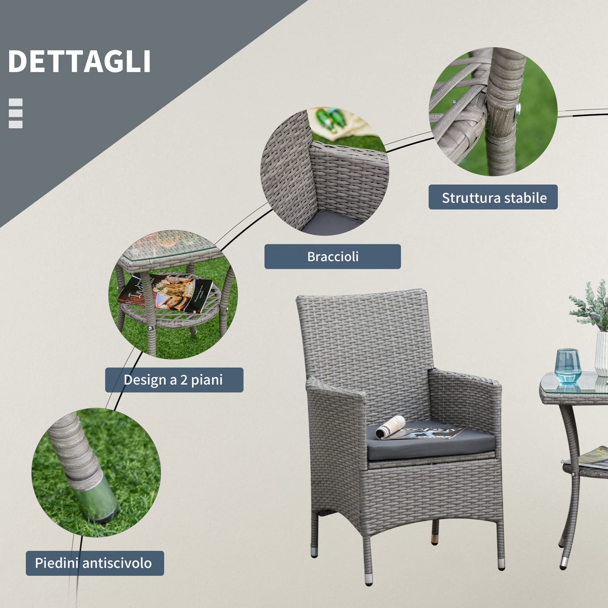 Outsunny Set Giardino Esterno 3 Pezzi Rattan PE Acciaio, 2 Sedie Cuscini Lavabili Braccioli Tavolino Caffè Vetro Grigio