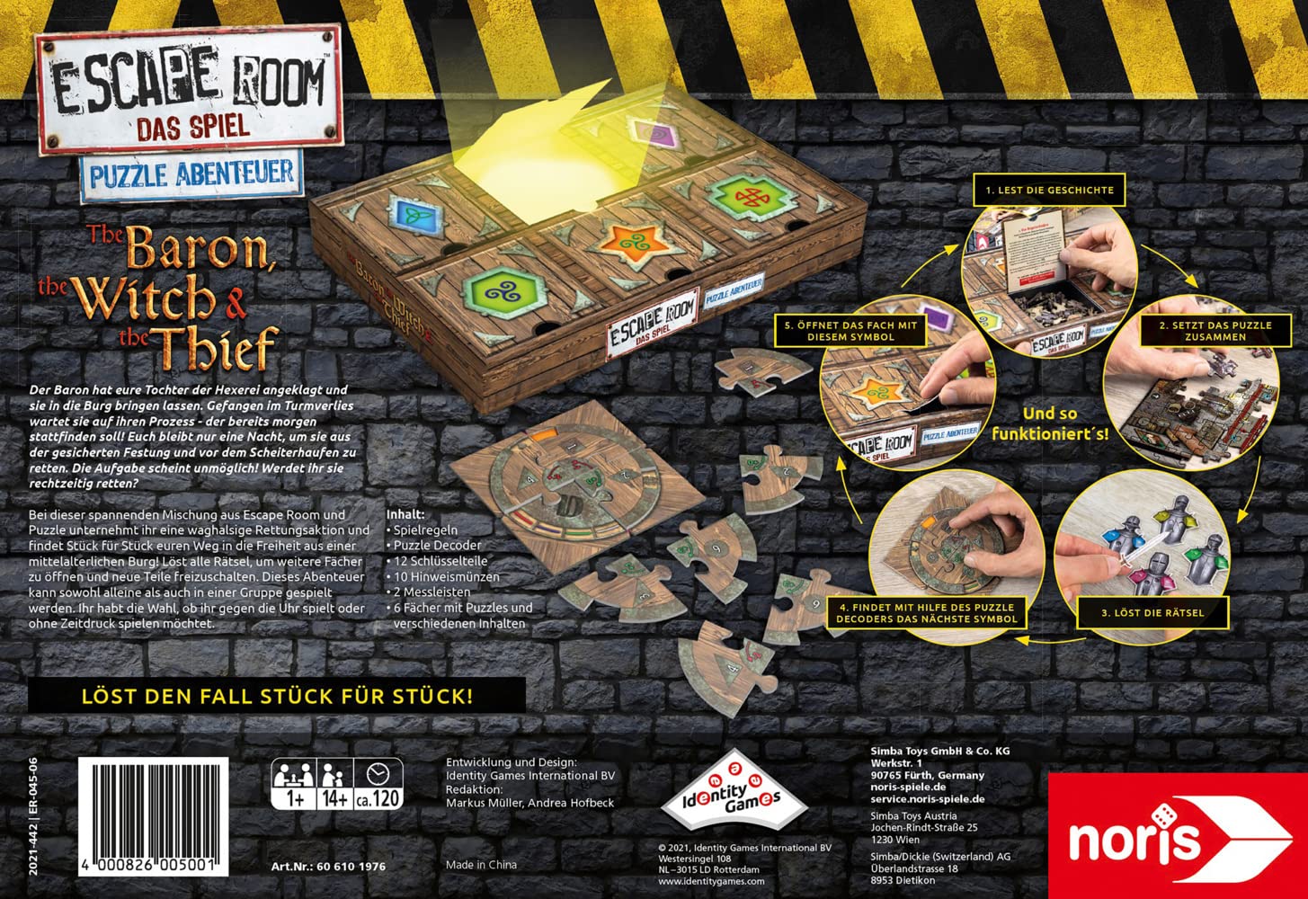 Noris Escape Room 606101976 - Puzzle con avventura, The Baron, The Witch & The Thief – Famiglia e gioco da tavolo per appassionati di puzzle, con 3 casi, dai 14 anni in su, marrone chiaro
