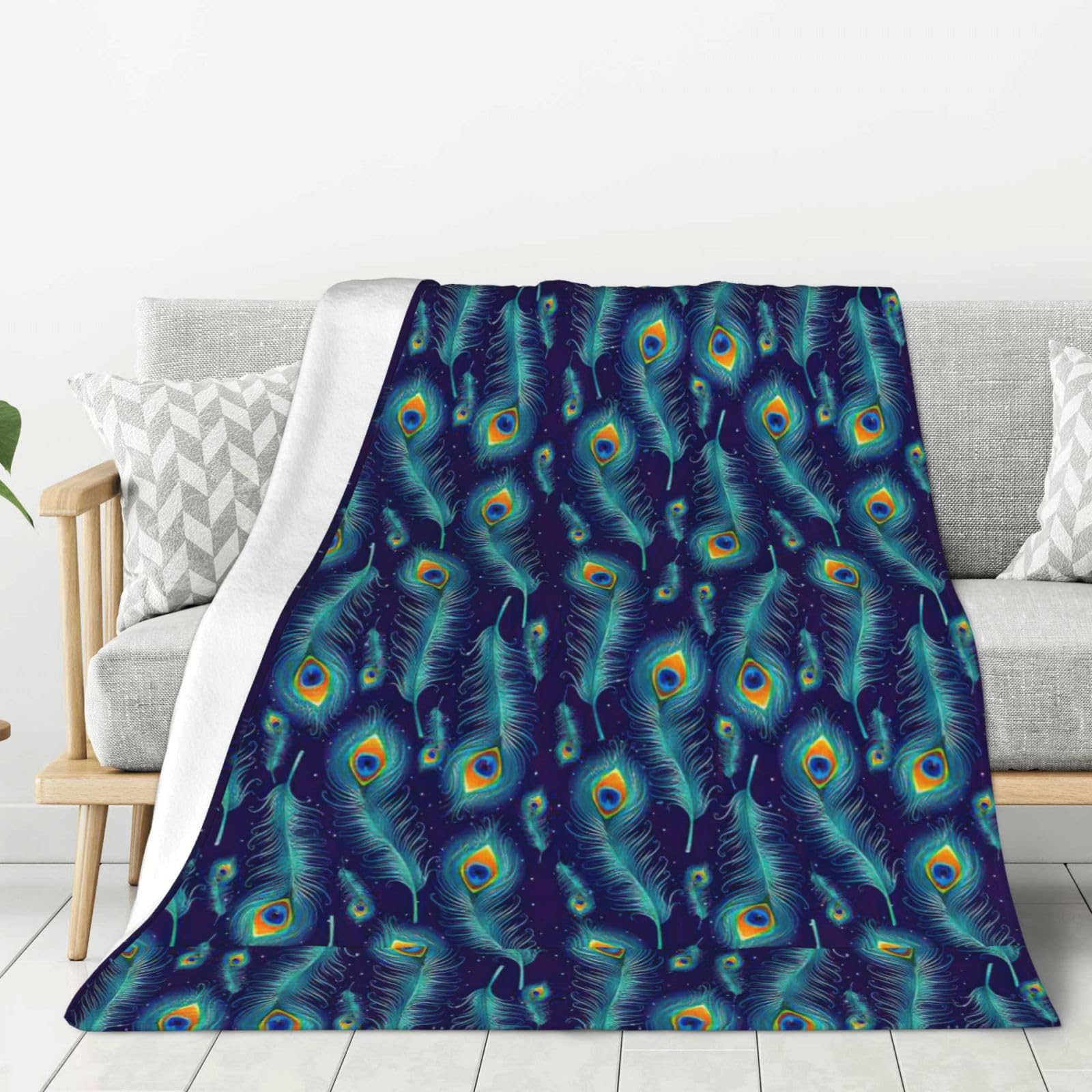 Grande couverture chaude motif plumes de paon pour lit et canapé