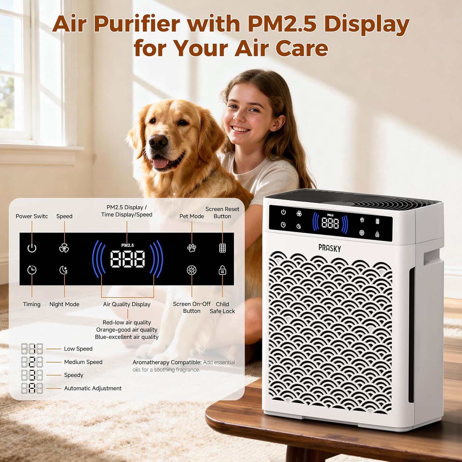 Air Purifiers for Home Large Room up to 3000sq.ft, PRASKY HEPA Air Purifier & with Activated Carbon for Office, Bedroom, Dorm Room, Kitchen