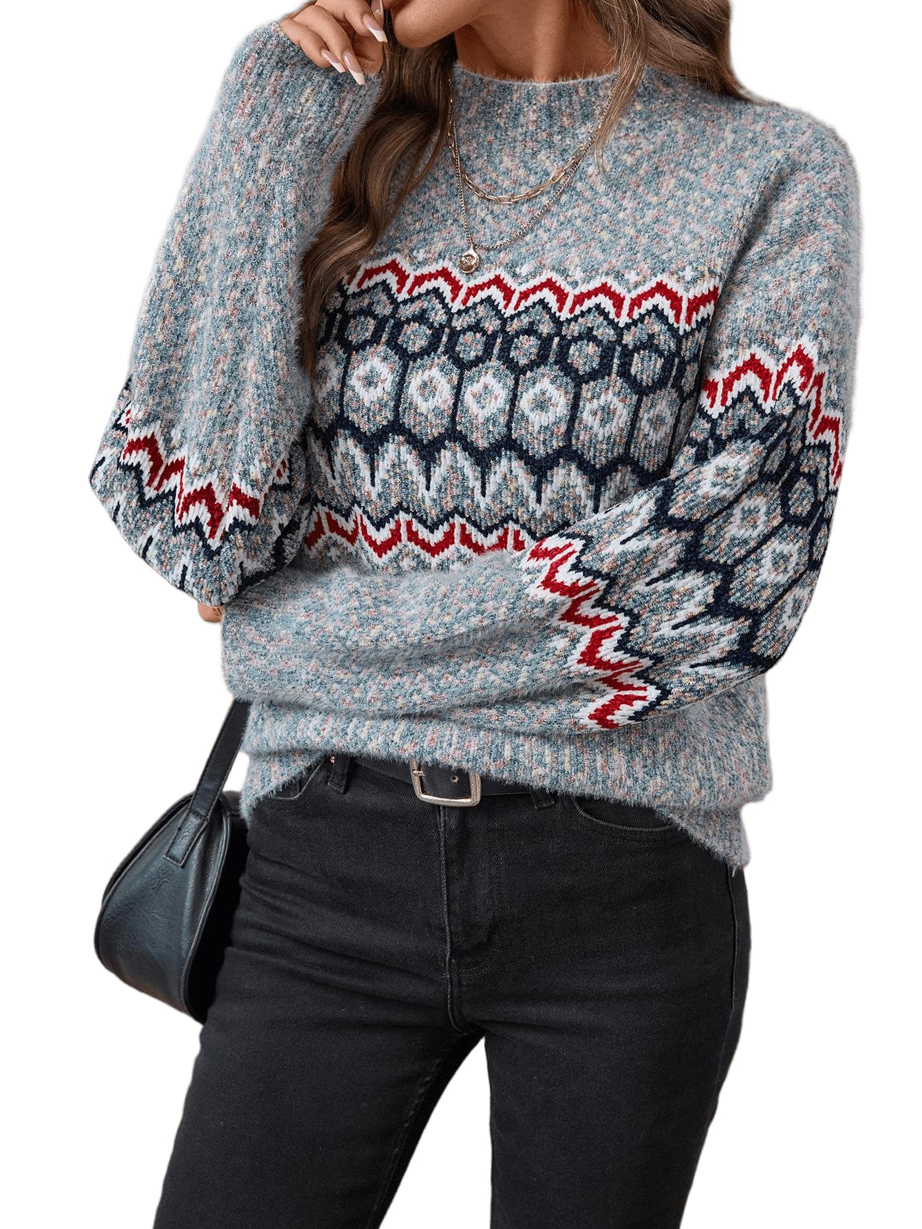 Womens Vintage Argyle Snow Patterned Fair Isle Sweaters Mock Neck Knit Pullover Tops 2025