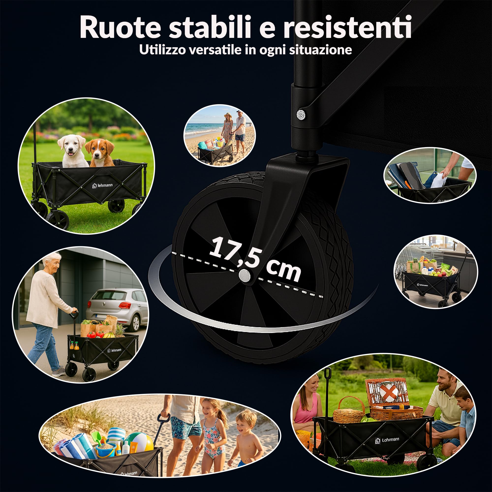 LEHMANN MOBI Carrello Spiaggia Pieghevole 110L con Ruote Grandi, Carrello con Ruote Portatutto fino a 80 kg, Carrello da Spiaggia per Bambini, Spesa, Mare, Giardino e Camping