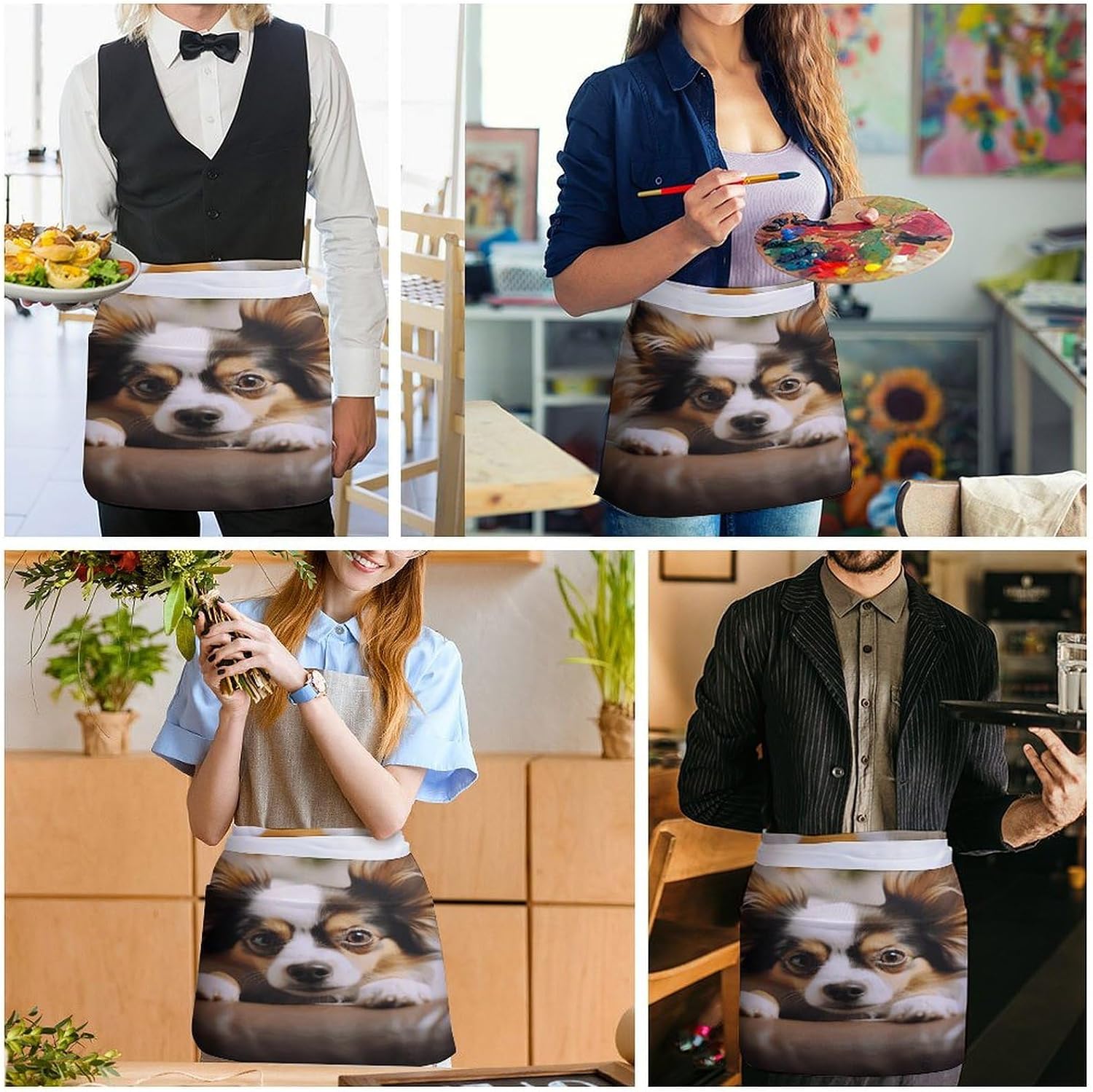 Papillon Lying on Tummy Server Aprons for Women And Men Waterproof Half Apron with 3 Pockets Deluxe Oxford Fabric Waist Aprons Adjustable Chef Apron for Kitchen Bar Home