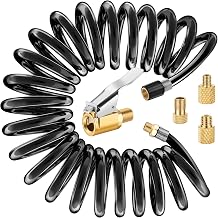 10ft Tire Inflator Extension Hose Adapter, Flexible Recoil Air Hose with Lock Air Chuck for American and Presta Valves Clip Screw Tire Inflator Pump Hose Adapter for Car Motorcycle Gauge Compressor