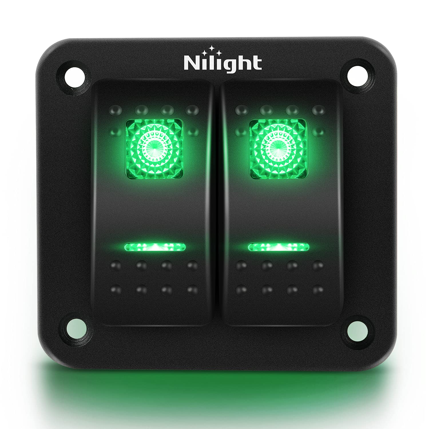 Nilight 2 Gang Rocker Switch Panel 12V 24V DC Green Switches Aluminum Panel 5Pin ON Off PreWired Toggle Switch Panel Waterproof for Cars Boats ATVs UTVs,2 Years Warranty