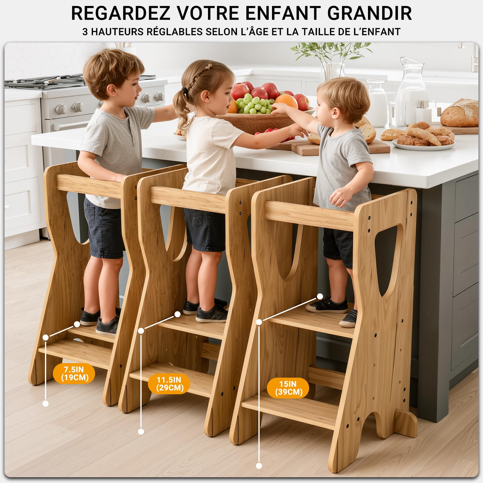 COSYLAND Tour d'Observation Montessori Réglable en Hauteur pour Enfants 18 Mois-6 Ans, Chaise d'Apprentissage en Bois Sécurisée, Design Stable Moderne