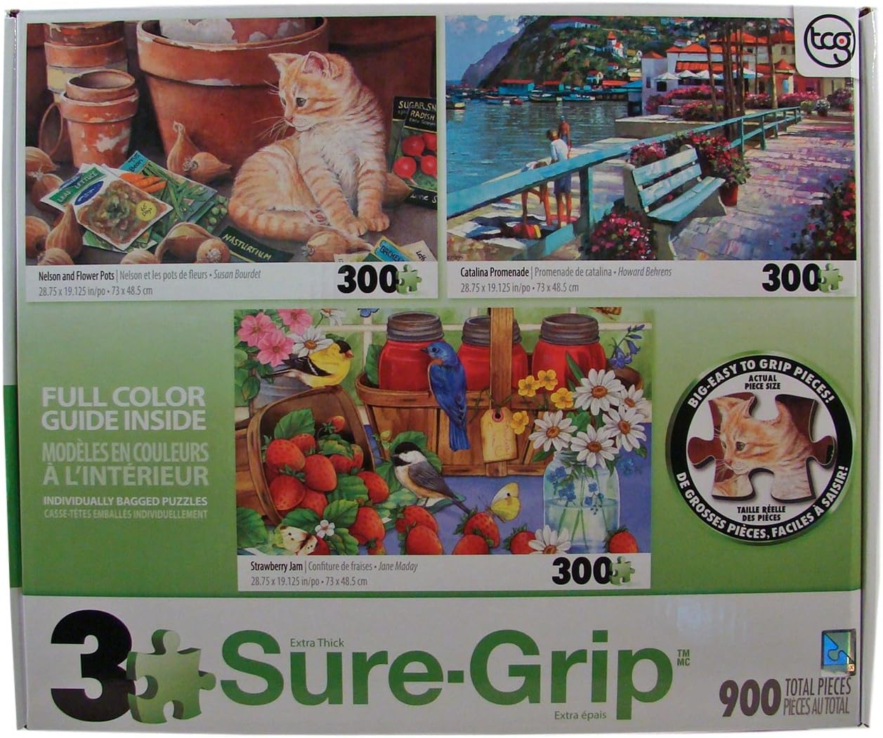 Sure-Grip 3 Pack Jigsaw Puzzles 300 Pieces Each - Nelson & Flower Pots - Catalina Promenade - Strawberry Jam